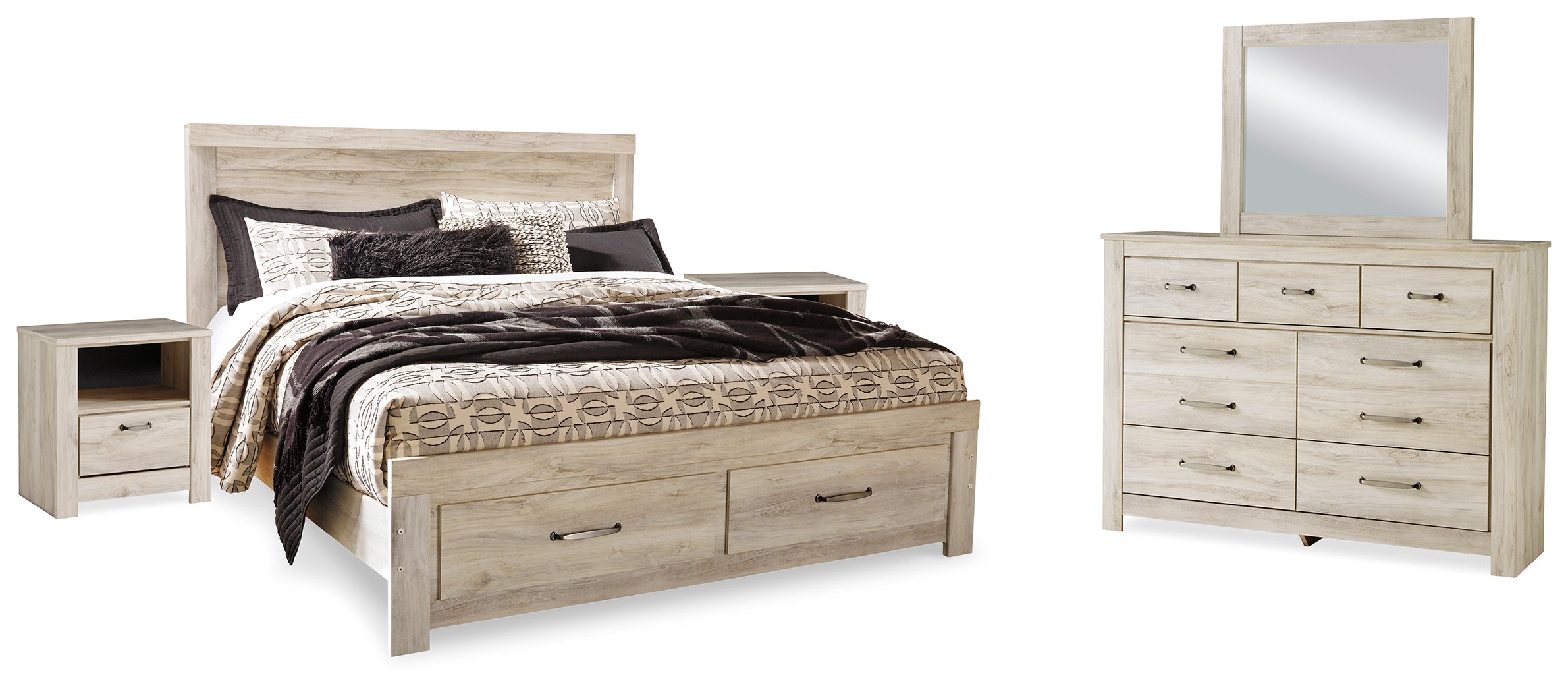 Best Deals Furniture - Ashley Furniture - Bellaby King Panel Storage Bed, Dresser, Mirror and 2 Nightstands - King Panel Storage Bed, Dresser, Mirror and 2 Nightstands / Whitewash - B331B19