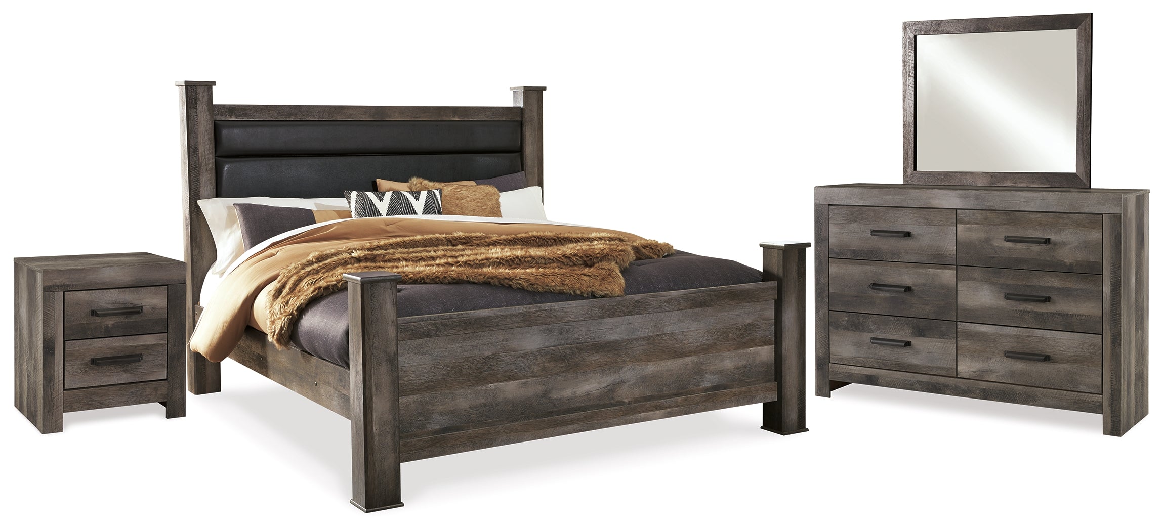 Best Deals Furniture - Ashley Furniture - Wynnlow King Poster Bed - King Poster Bed, Dresser, Mirror and Nightstand / Gray - B440B29