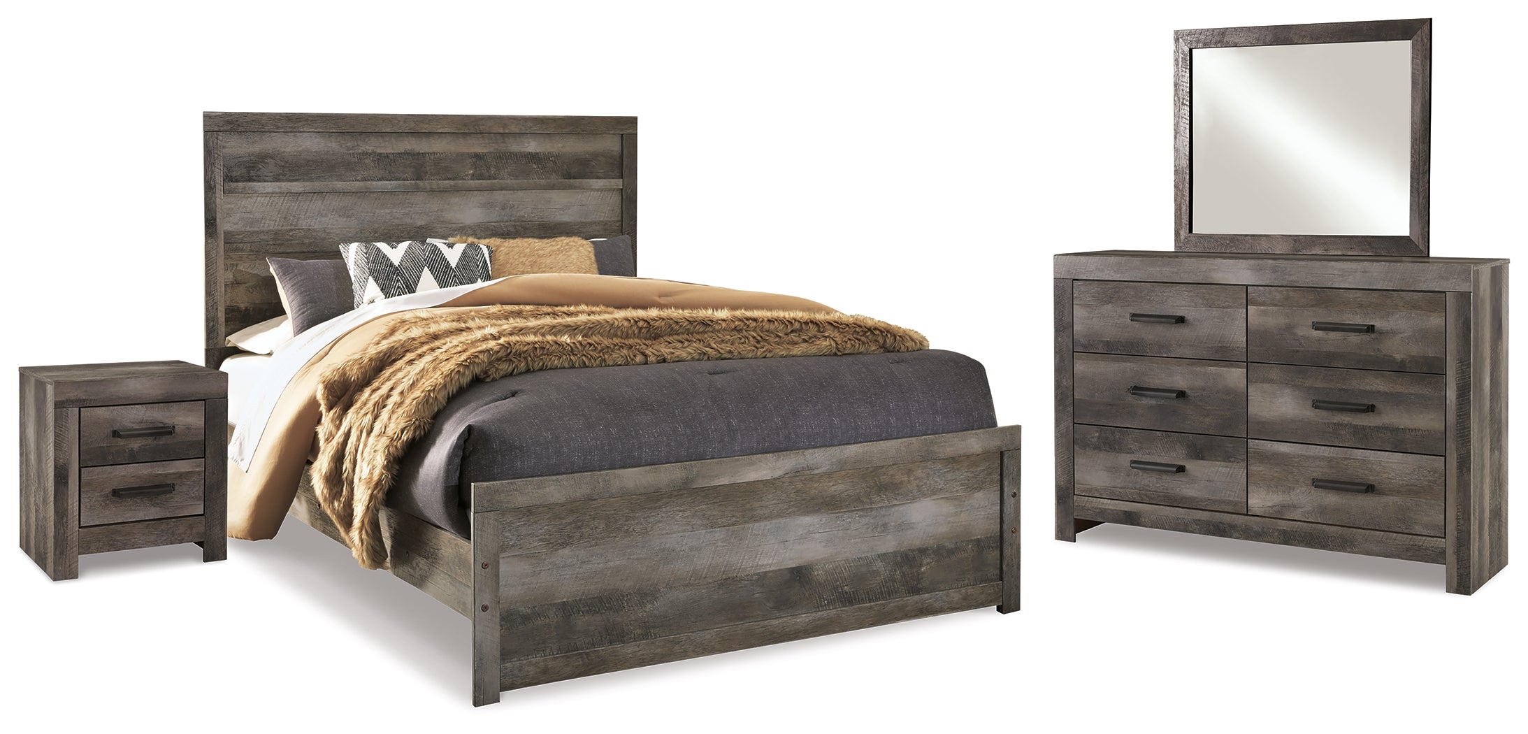 Best Deals Furniture - Ashley Furniture - Wynnlow Queen Panel Bed with Mirrored Dresser and Nightstand - Queen Panel Bed with Mirrored Dresser and Nightstand / Gray - B440B22