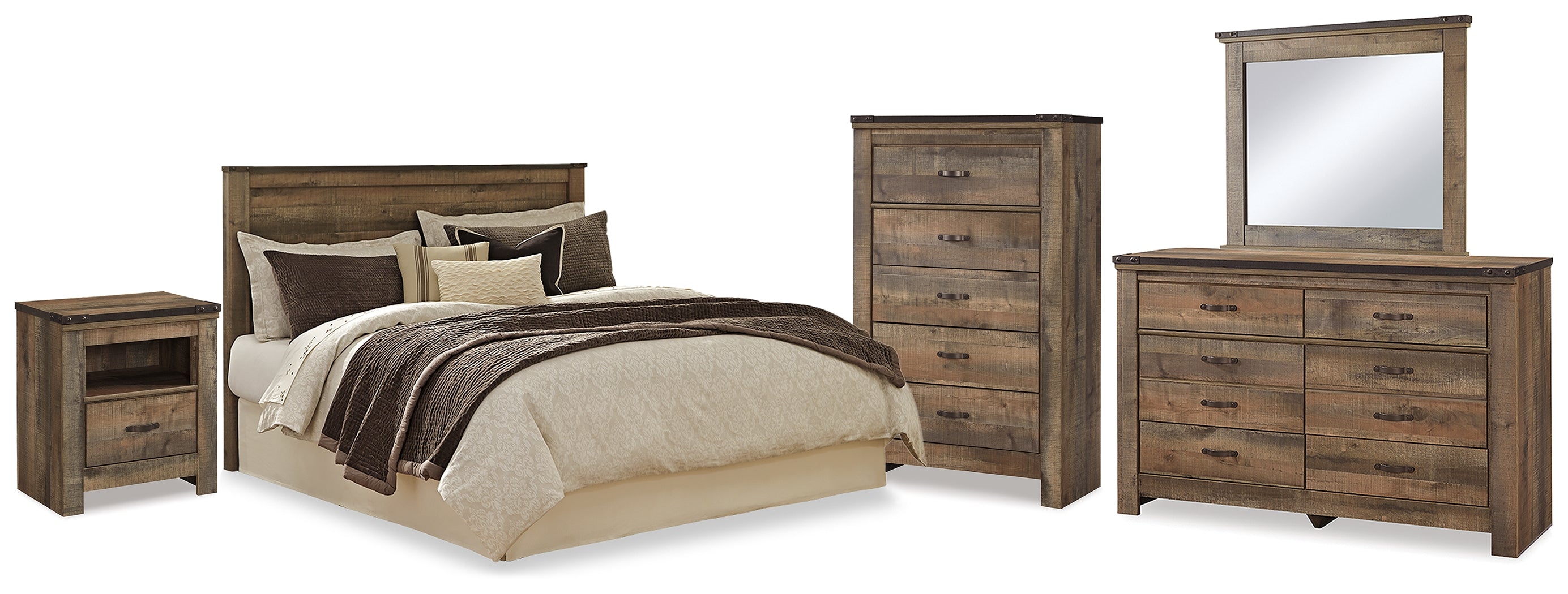 Best Deals Furniture - Ashley Furniture - Trinell Queen Panel Headboard, Dresser, Mirror, Chest and Nightstand - Queen Panel Headboard, Dresser, Mirror, Chest and Nightstand / Brown - B446B90