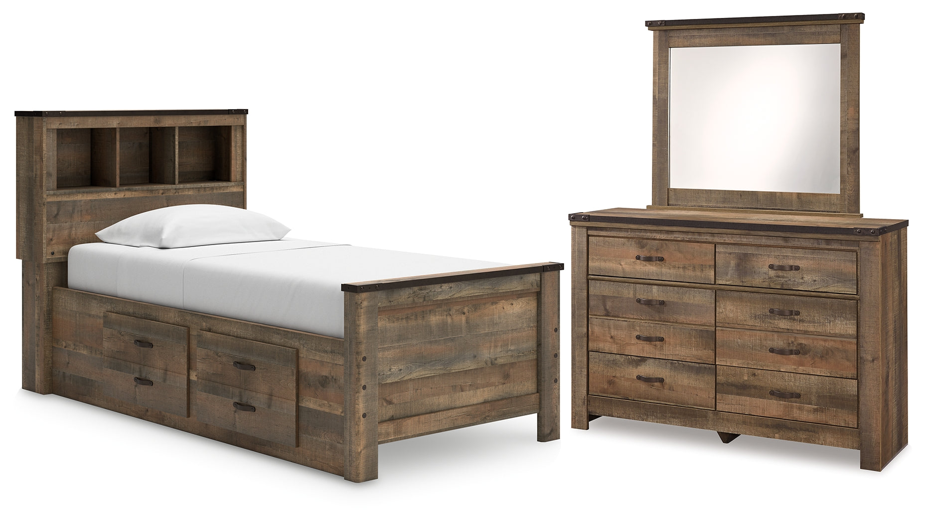 Best Deals Furniture - Ashley Furniture - Trinell Twin Bookcase Storage Bed, Dresser and Mirror - Twin Bookcase Storage Bed, Dresser and Mirror / Brown - B446B86