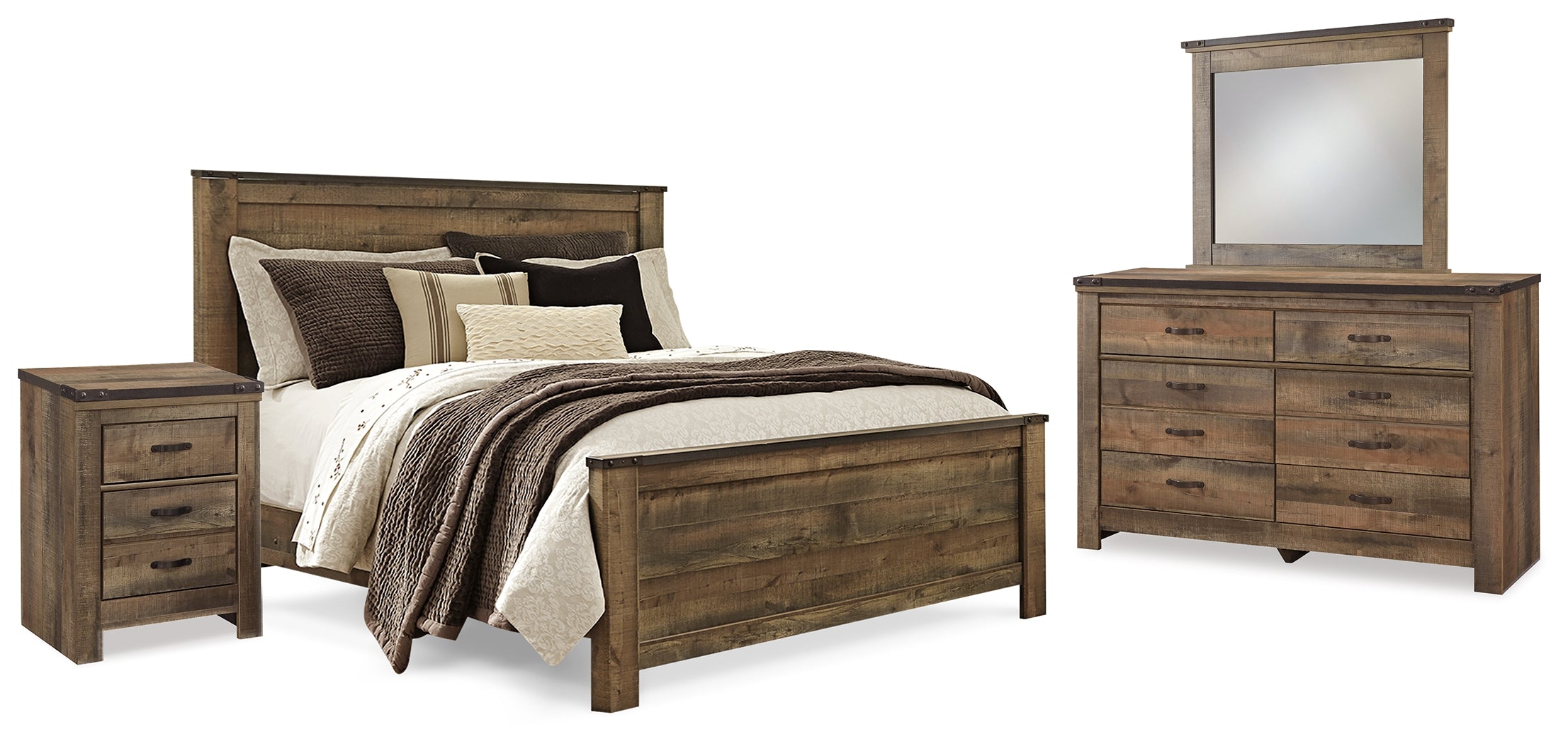 Best Deals Furniture - Ashley Furniture - Trinell Queen Panel Bed - Queen Panel Bed, Dresser, Mirror and Nightstand / Brown - B446B88