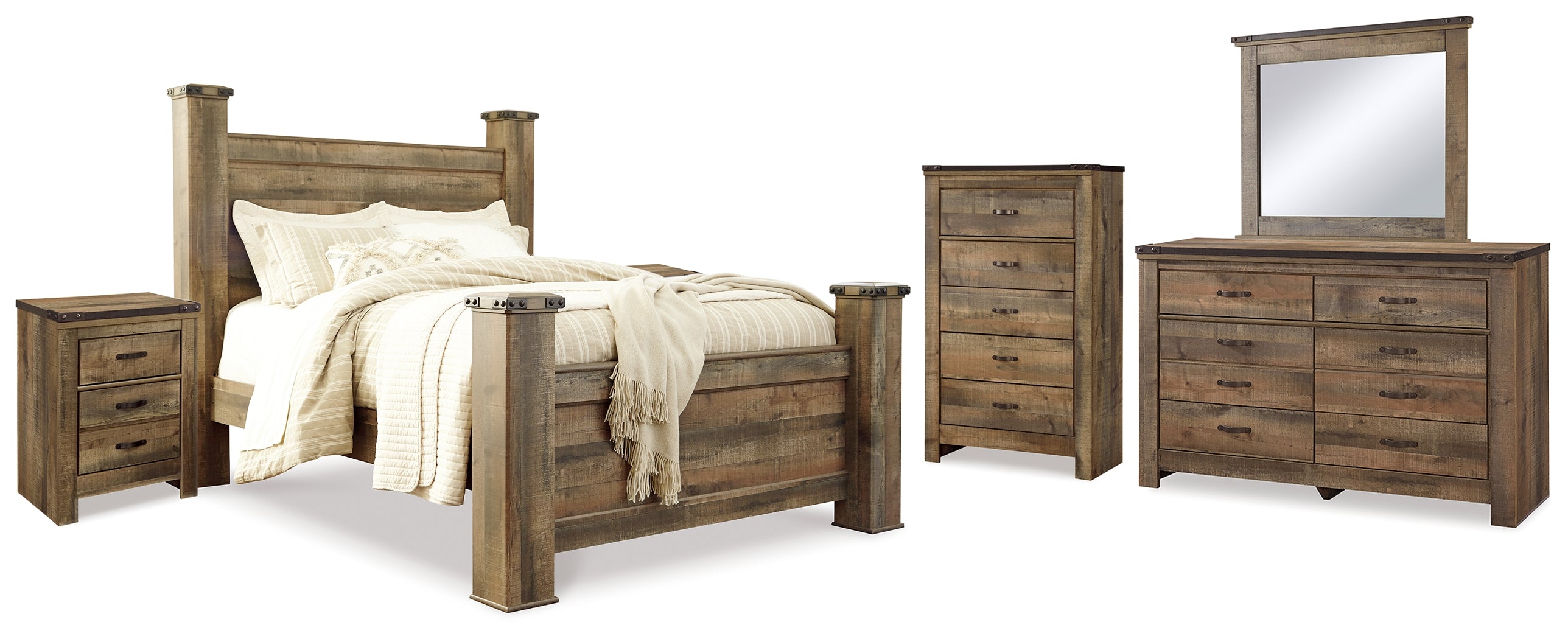 Best Deals Furniture - Ashley Furniture - Trinell Queen Poster Bed - Queen Poster Bed, Dresser, Mirror, Chest and 2 Nightstands / Brown - B446B80