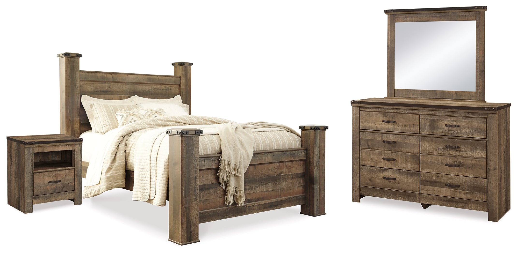 Best Deals Furniture - Ashley Furniture - Trinell Queen Poster Bed - Queen Poster Bed, Dresser, Mirror and Nightstand / Brown - B446B76