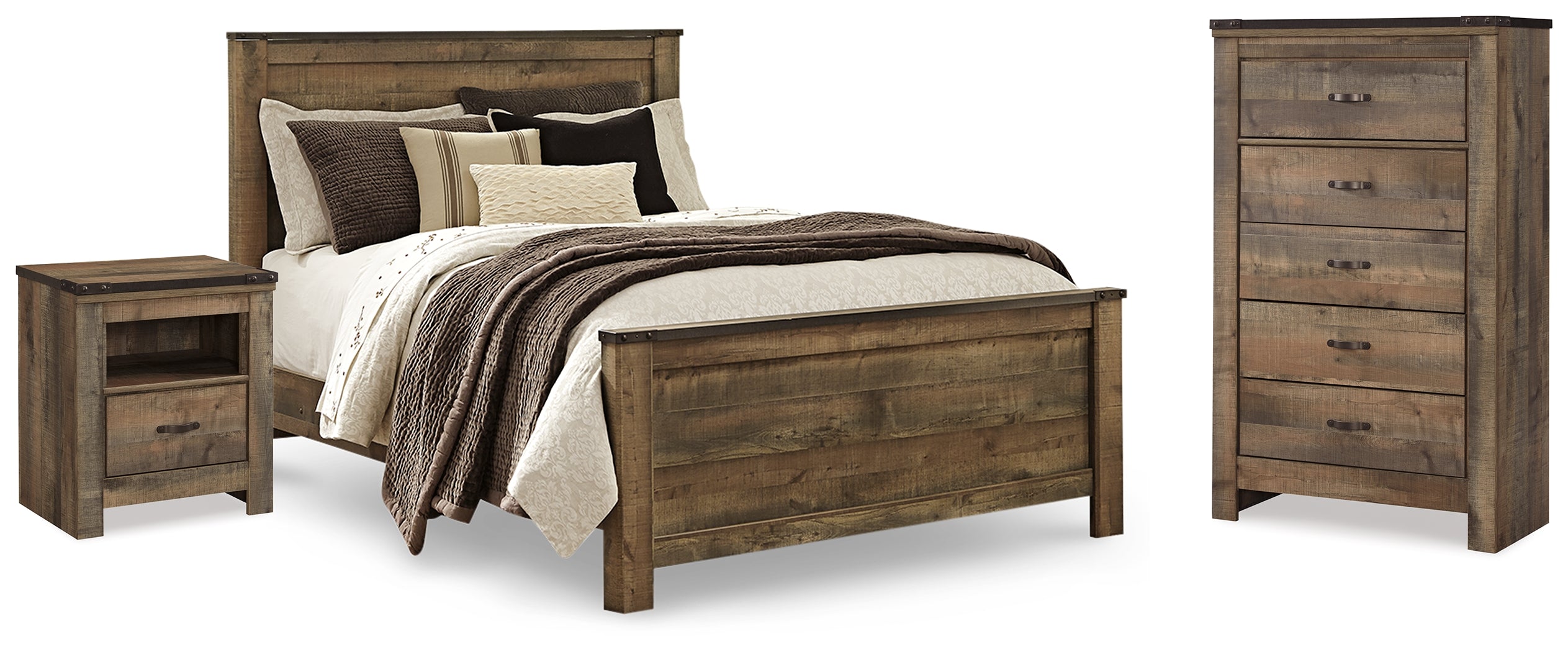 Best Deals Furniture - Ashley Furniture - Trinell Queen Panel Bed - Queen Panel Bed, Chest and 2 Nightstands / Brown - B446B59