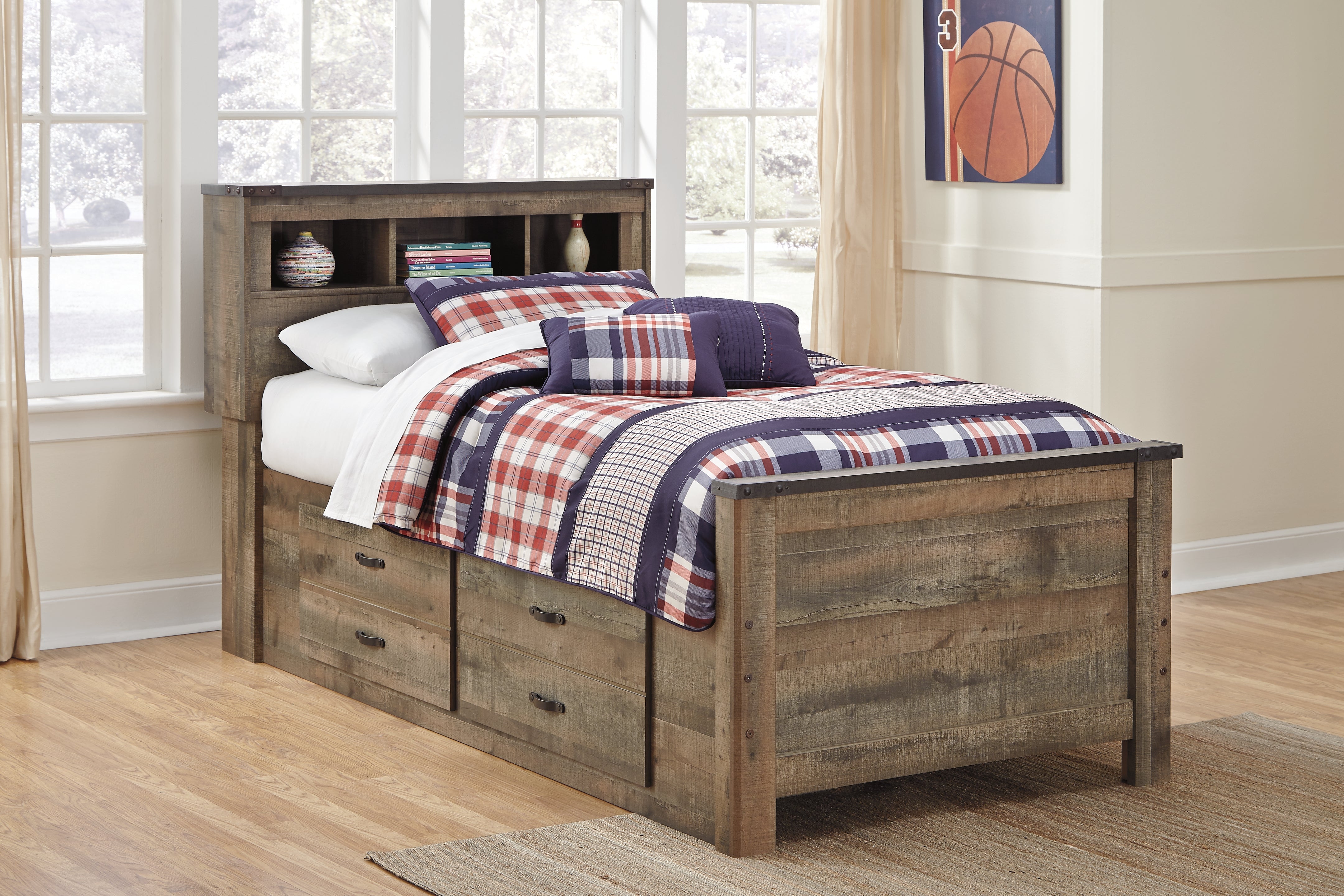 Trinell Twin Bookcase Storage Bed, Dresser, Mirror and Nightstand