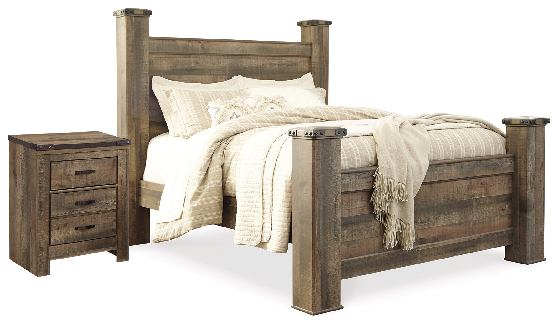 Best Deals Furniture - Ashley Furniture - Trinell Queen Poster Bed and Nightstand - Queen Poster Bed and Nightstand / Brown - B446B62