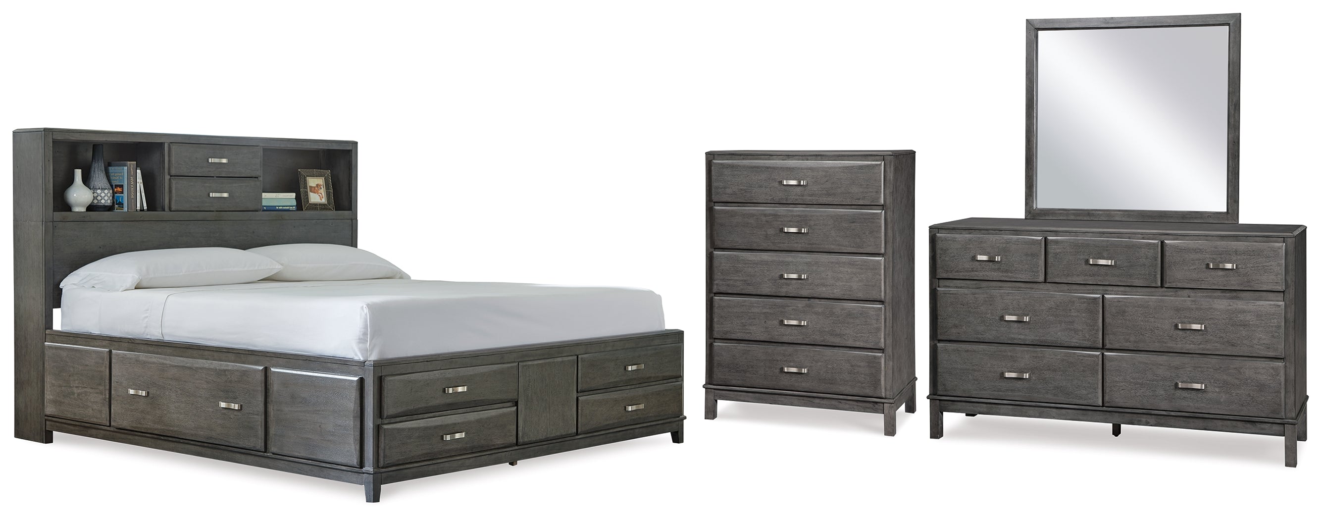 Best Deals Furniture - Ashley Furniture - Caitbrook Queen Storage Bed, Dresser, Mirror and Chest - Queen Storage Bed, Dresser, Mirror and Chest / Gray - B476B15