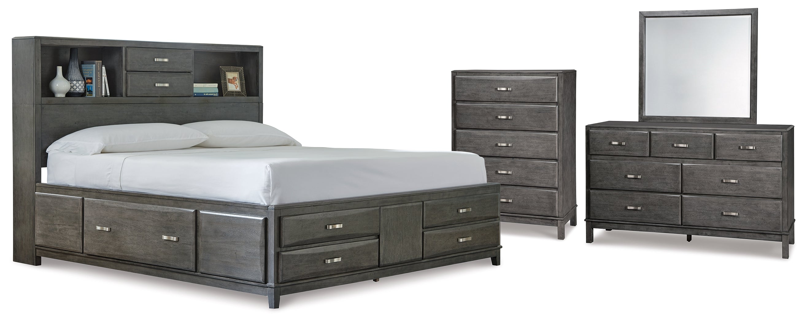 Best Deals Furniture - Ashley Furniture - Caitbrook California King Storage Bed, Dresser, Mirror and Chest - California King Storage Bed, Dresser, Mirror and Chest / Gray - B476B11