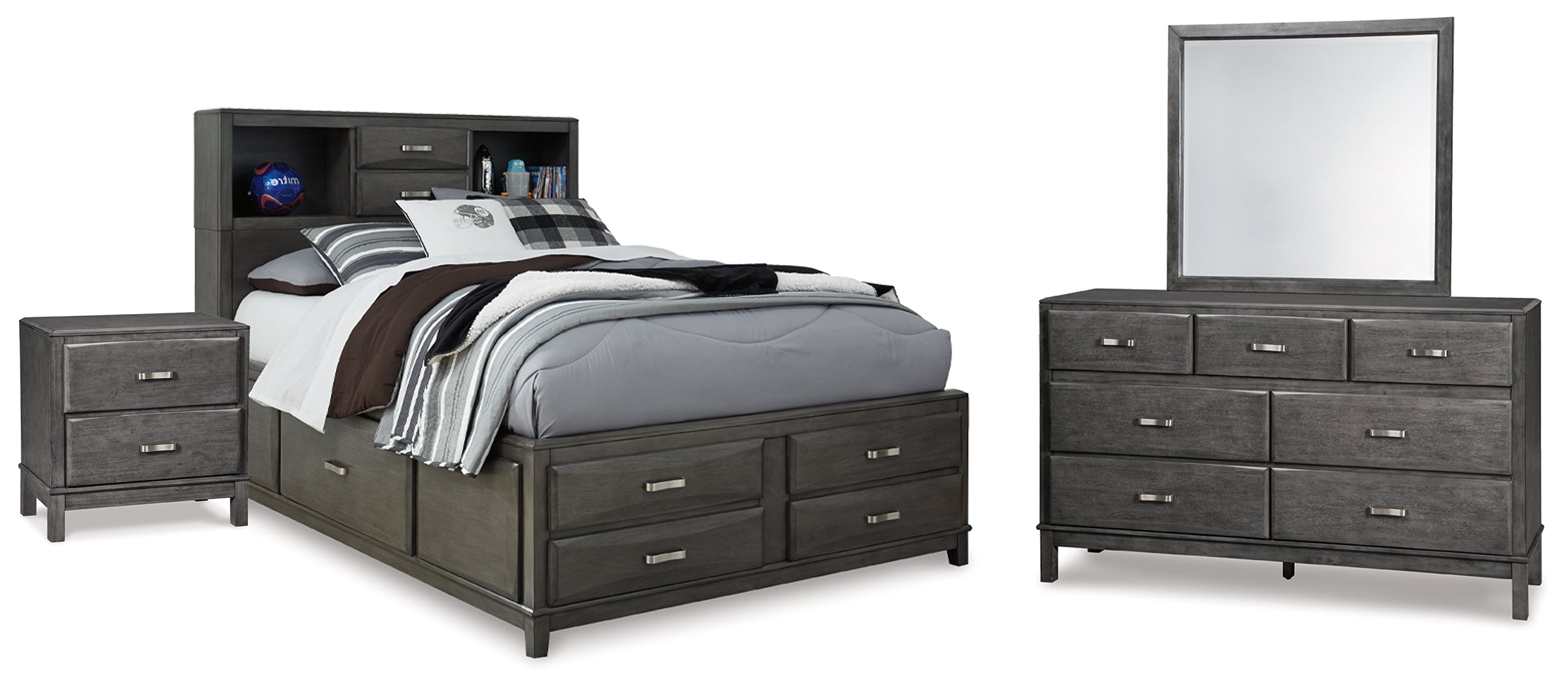 Best Deals Furniture - Ashley Furniture - Caitbrook Full Storage Bed, Dresser, Mirror and Nightstand - Full Storage Bed, Dresser, Mirror and Nightstand / Gray - B476B40