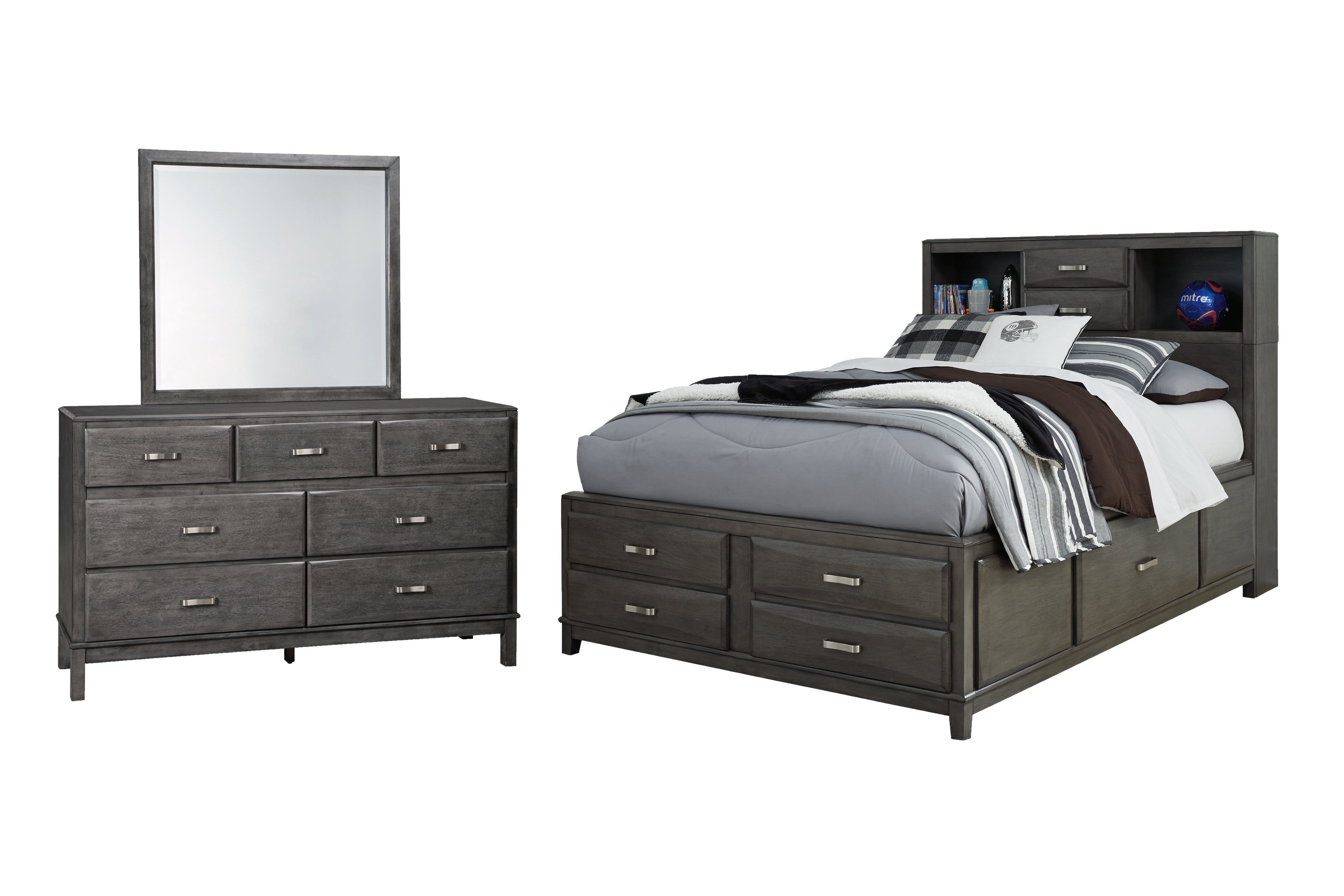 Best Deals Furniture - Ashley Furniture - Caitbrook Full Storage Bed with Mirrored Dresser - Full Storage Bed with Mirrored Dresser / Gray - B476B5