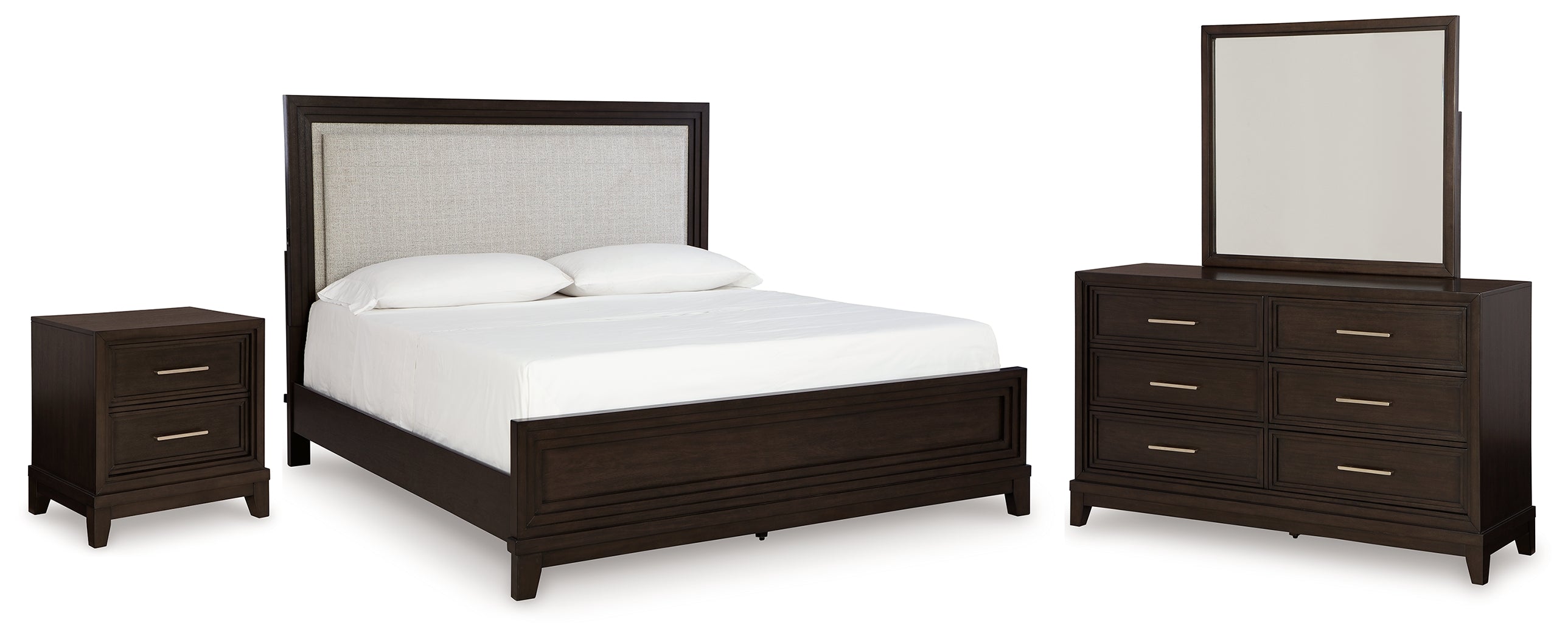 Best Deals Furniture - Ashley Furniture - Neymorton King Panel Bed, Dresser, Mirror and Nightstand - King Panel Bed, Dresser, Mirror and Nightstand / Dark Grayish Brown - B618B11