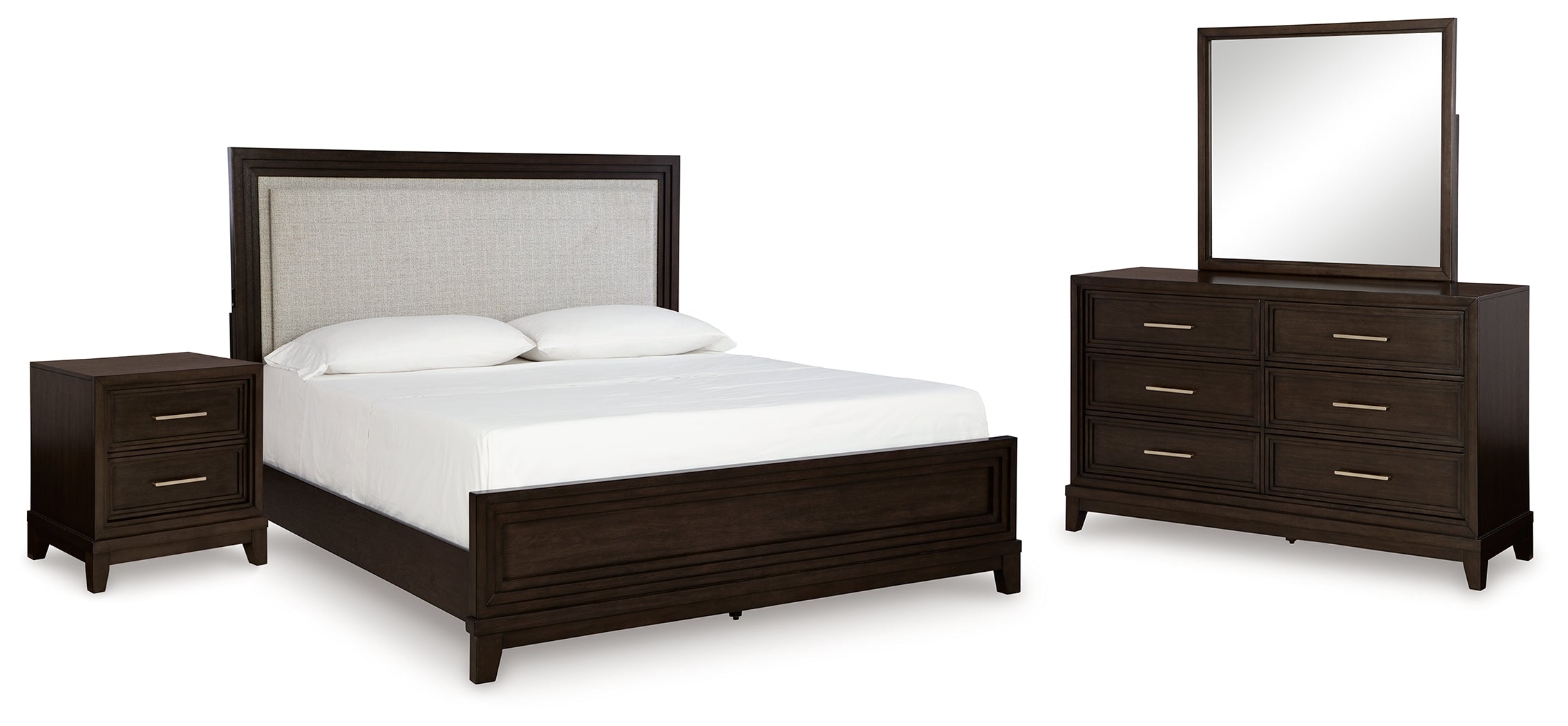 Best Deals Furniture - Ashley Furniture - Neymorton Queen Upholstered Panel Bed - Queen Upholstered Panel Bed, Dresser, Mirror and Nightstand / Dark Grayish Brown - B618B10