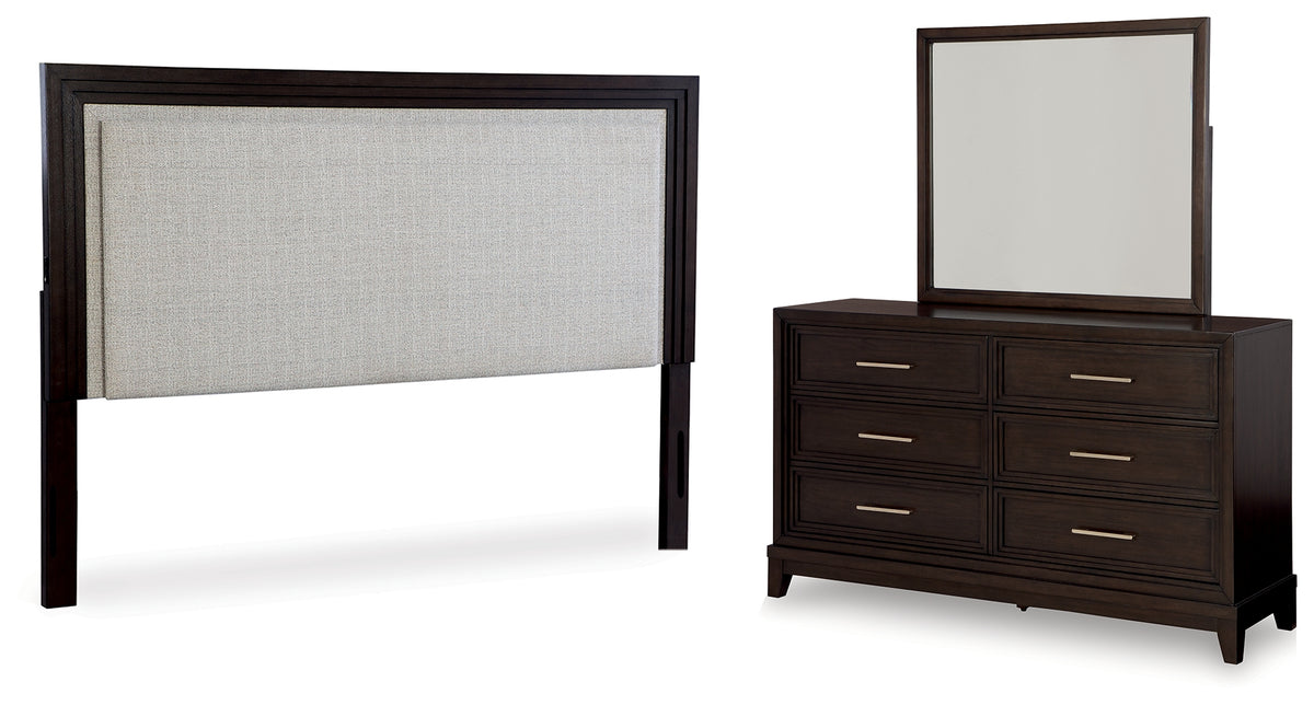 Best Deals Furniture - Ashley Furniture - Neymorton Queen Upholstered Panel Headboard, Dresser and Mirror - Queen Upholstered Panel Headboard, Dresser and Mirror / Dark Grayish Brown - B618B6