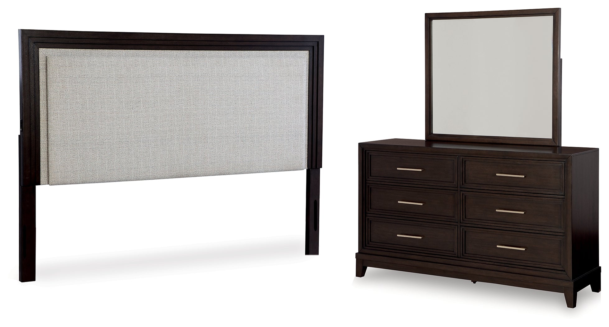 Best Deals Furniture - Ashley Furniture - Neymorton King/California King Upholstered Panel Headboard, Dresser and Mirror - King/California King Upholstered Panel Headboard, Dresser and Mirror / Dark Grayish Brown - B618B7