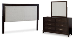 Best Deals Furniture - Ashley Furniture - Neymorton King/California King Upholstered Panel Headboard, Dresser and Mirror - King/California King Upholstered Panel Headboard, Dresser and Mirror / Dark Grayish Brown - B618B7