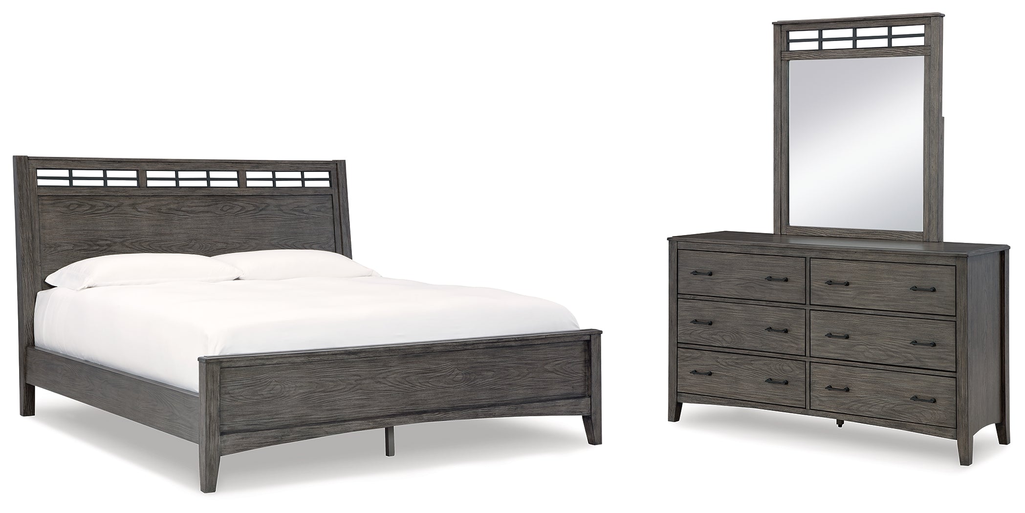 Best Deals Furniture - Ashley Furniture - Montillan Queen Panel Bed - Queen Panel Bed, Dresser and Mirror / Grayish Brown - B651B3