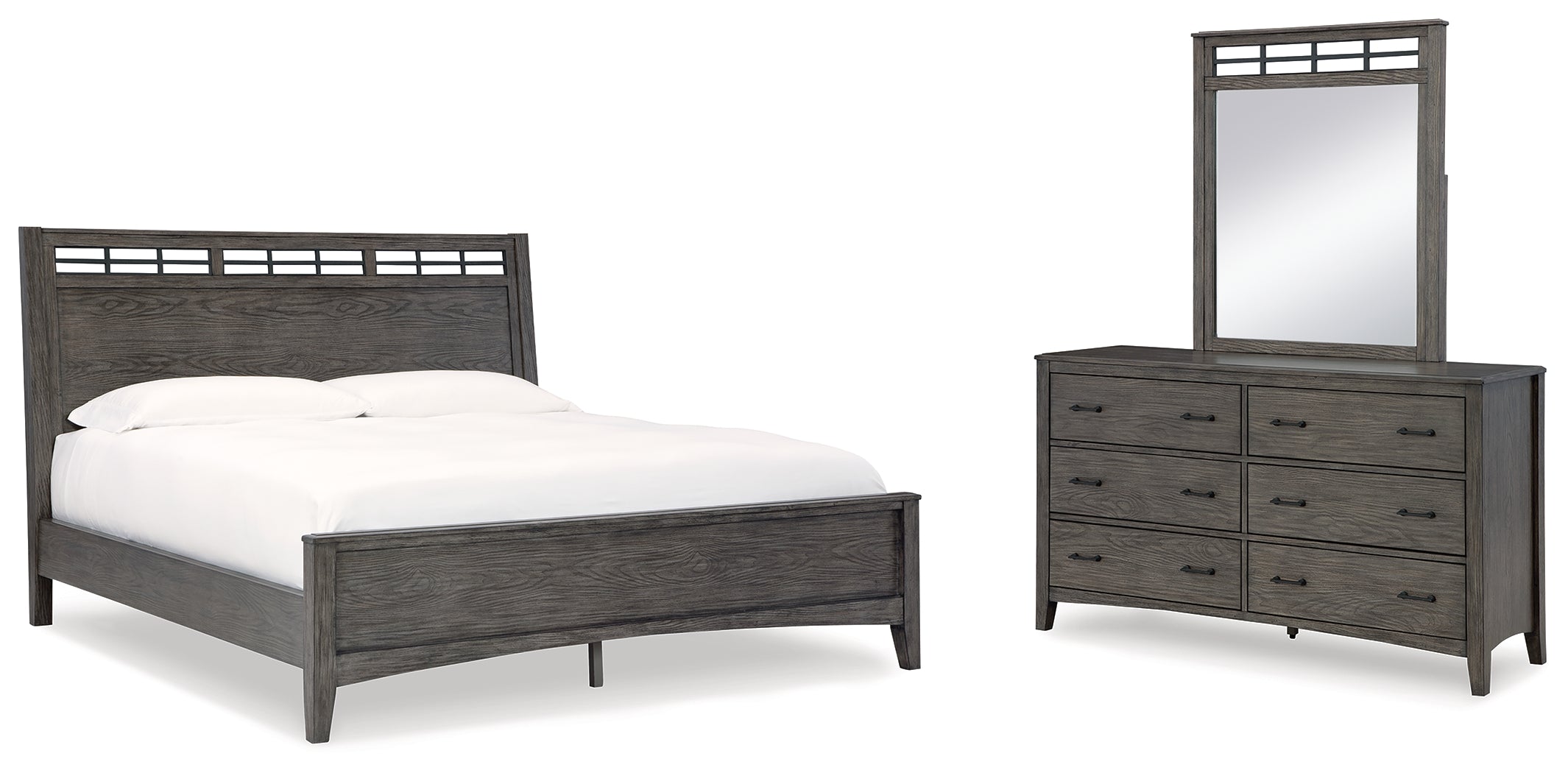 Best Deals Furniture - Ashley Furniture - Montillan California King Panel Bed, Dresser and Mirror - California King Panel Bed, Dresser and Mirror - B651B7