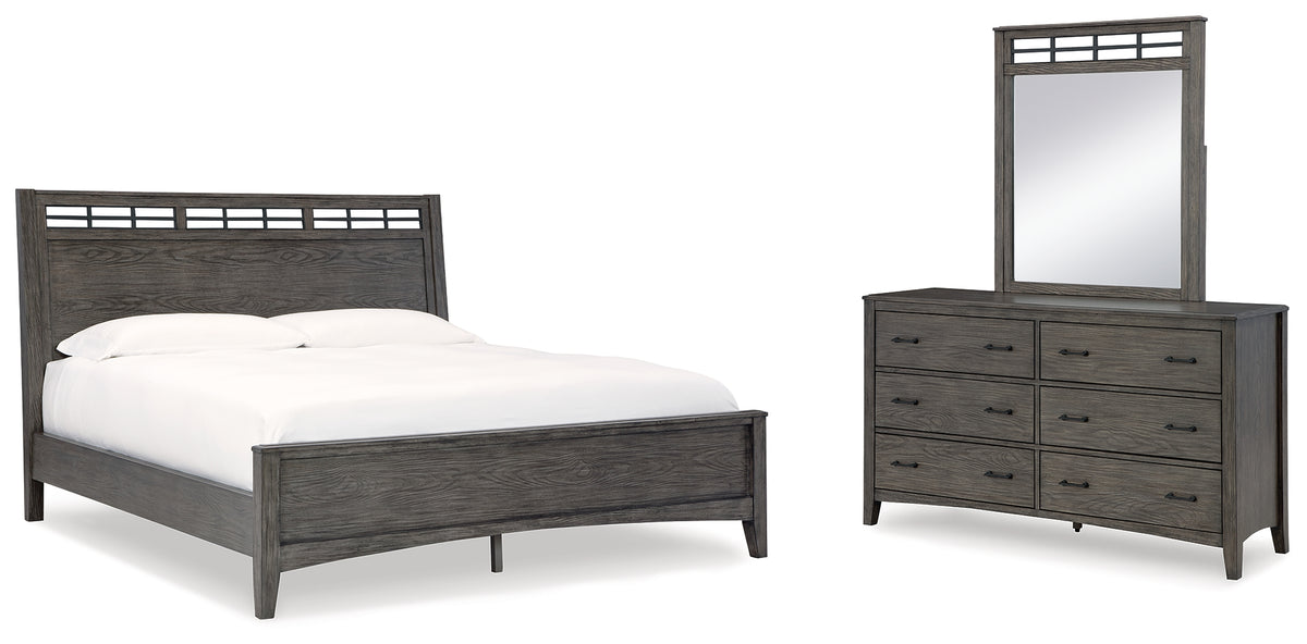Best Deals Furniture - Ashley Furniture - Montillan King Panel Bed, Dresser and Mirror - King Panel Bed, Dresser and Mirror - B651B6