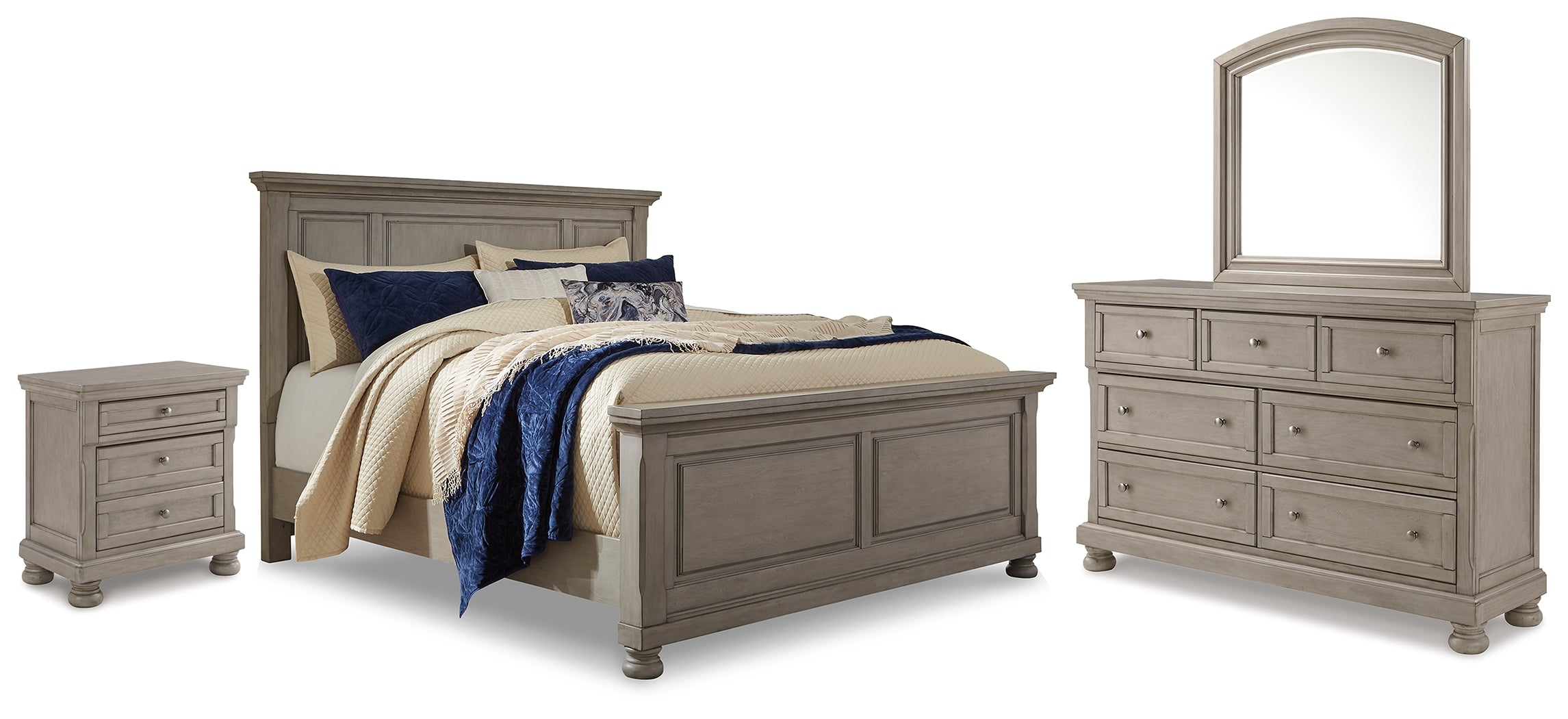 Best Deals Furniture - Ashley Furniture - Lettner King Panel Bed with Dresser, Mirror and Nightstand - King Panel Bed with Dresser, Mirror and Nightstand / Light Gray - B733B40