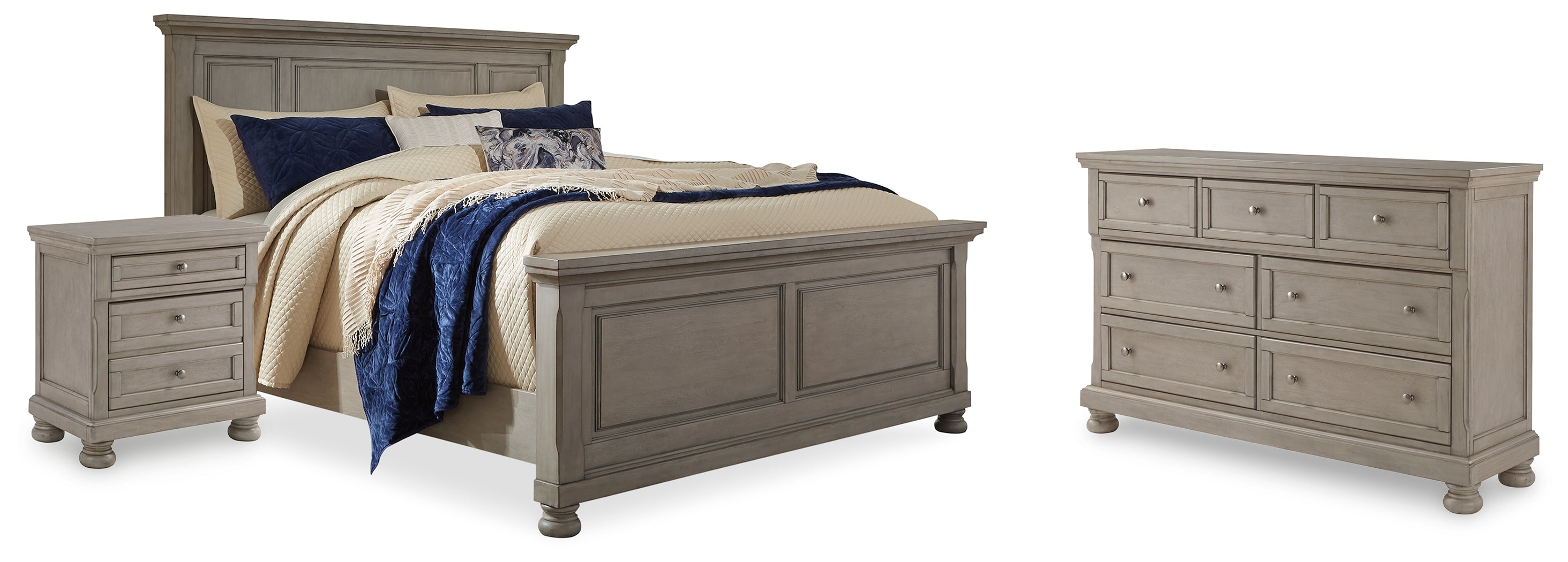 Best Deals Furniture - Ashley Furniture - Lettner Queen Panel Bed - Queen Panel Bed, Dresser, and Nightstand / Light Gray - B733B42