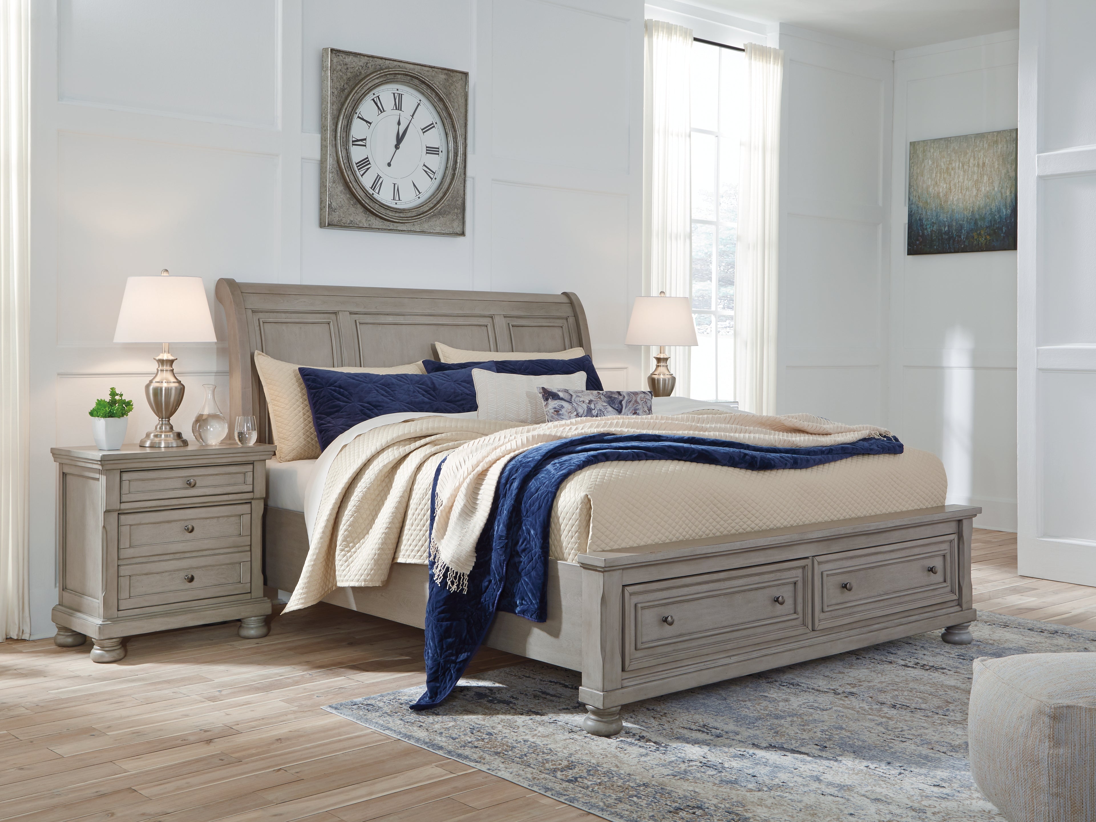 Best Deals Furniture - Ashley Furniture - Lettner California King Sleigh Bed with 2 Storage Drawers - California King Sleigh Bed with 2 Storage Drawers / Light Gray - B733B9