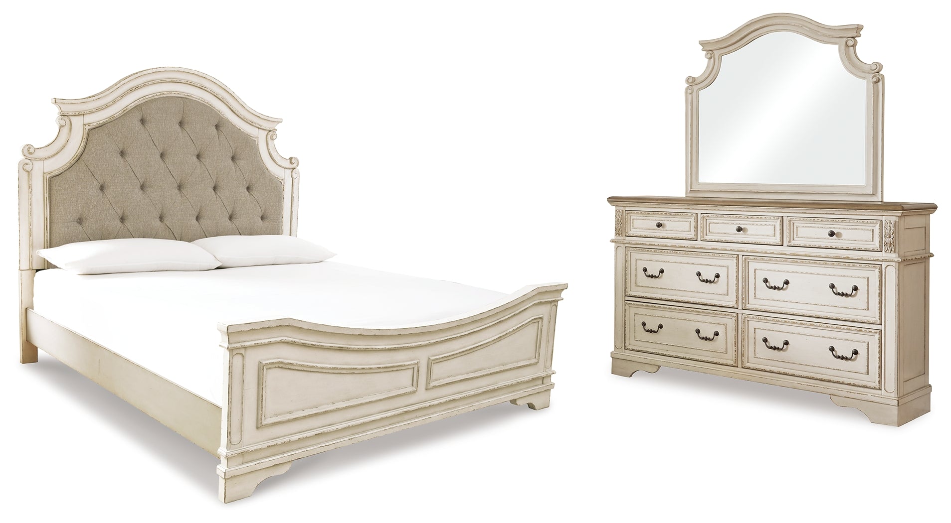 Best Deals Furniture - Ashley Furniture - Realyn King Upholstered Panel Bed, Dresser and Mirror - King Upholstered Panel Bed, Dresser and Mirror / Two-tone - B743B52