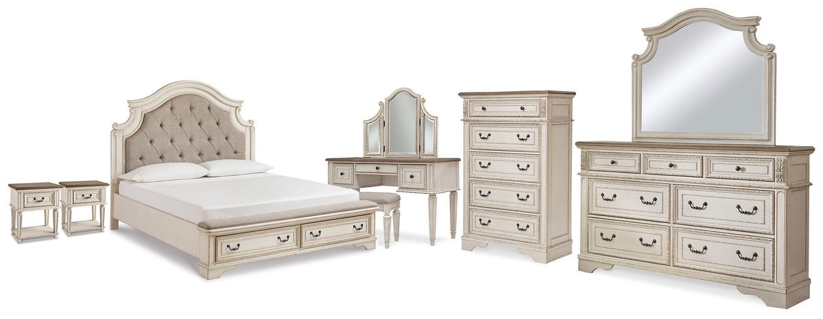 Best Deals Furniture - Ashley Furniture - Realyn King Storage Bed, Dresser, Mirror, Chest, Vanity with Stool and 2 Nightstands - King Storage Bed, Dresser, Mirror, Chest, Vanity with Stool and 2 Nightstands - B743B107