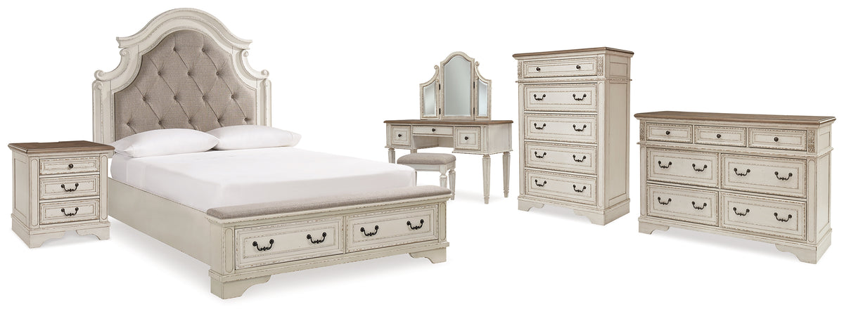Best Deals Furniture - Ashley Furniture - Realyn Queen Upholstery Panel Bed, Dresser, Chest, Nightstand, and Vanity Set - Queen Upholstery Panel Bed, Dresser, Chest, Nightstand, and Vanity Set - B743B35