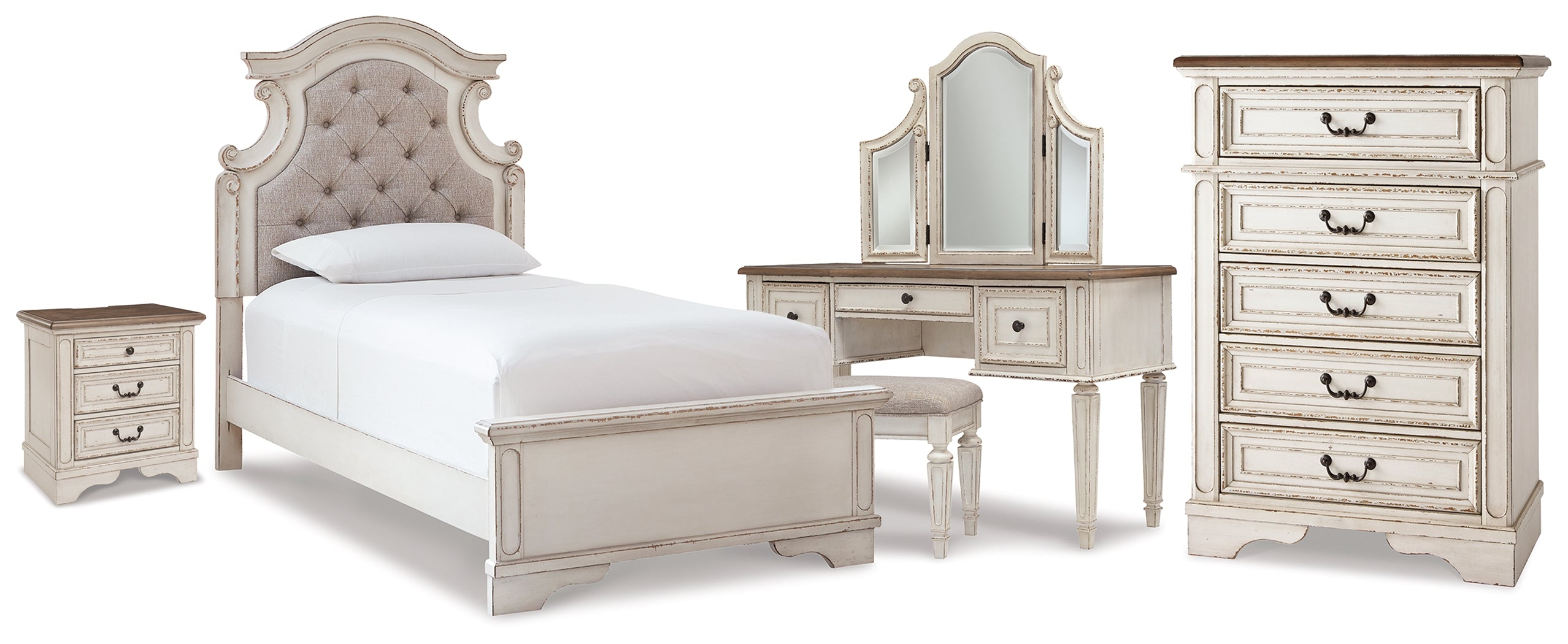 Best Deals Furniture - Ashley Furniture - Realyn Twin Upholstered Panel Bed, Chest, Vanity and Nightstand - Twin Upholstered Panel Bed, Chest, Vanity and Nightstand - B743B99