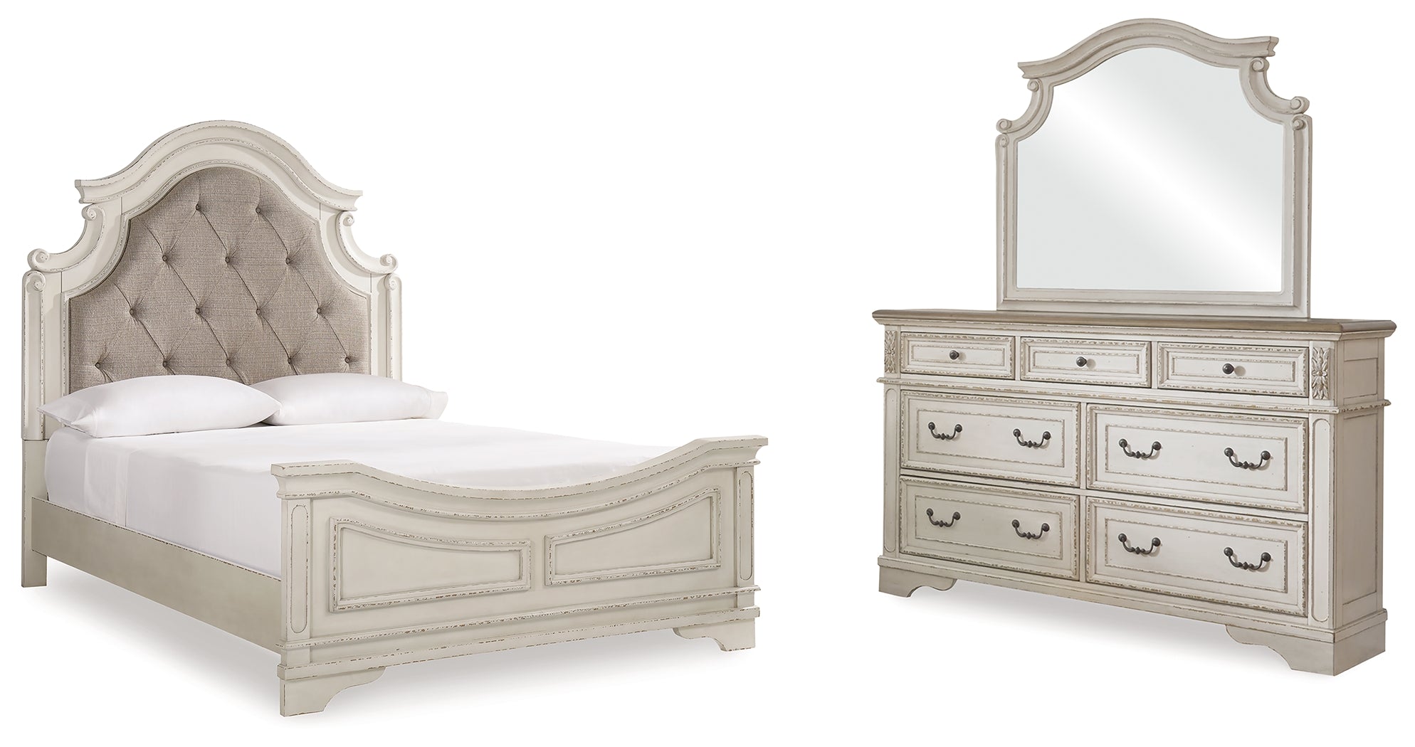 Best Deals Furniture - Ashley Furniture - Realyn Queen Upholstered Panel Bed, Dresser and Mirror - Queen Upholstered Panel Bed, Dresser and Mirror / Two-tone - B743B3