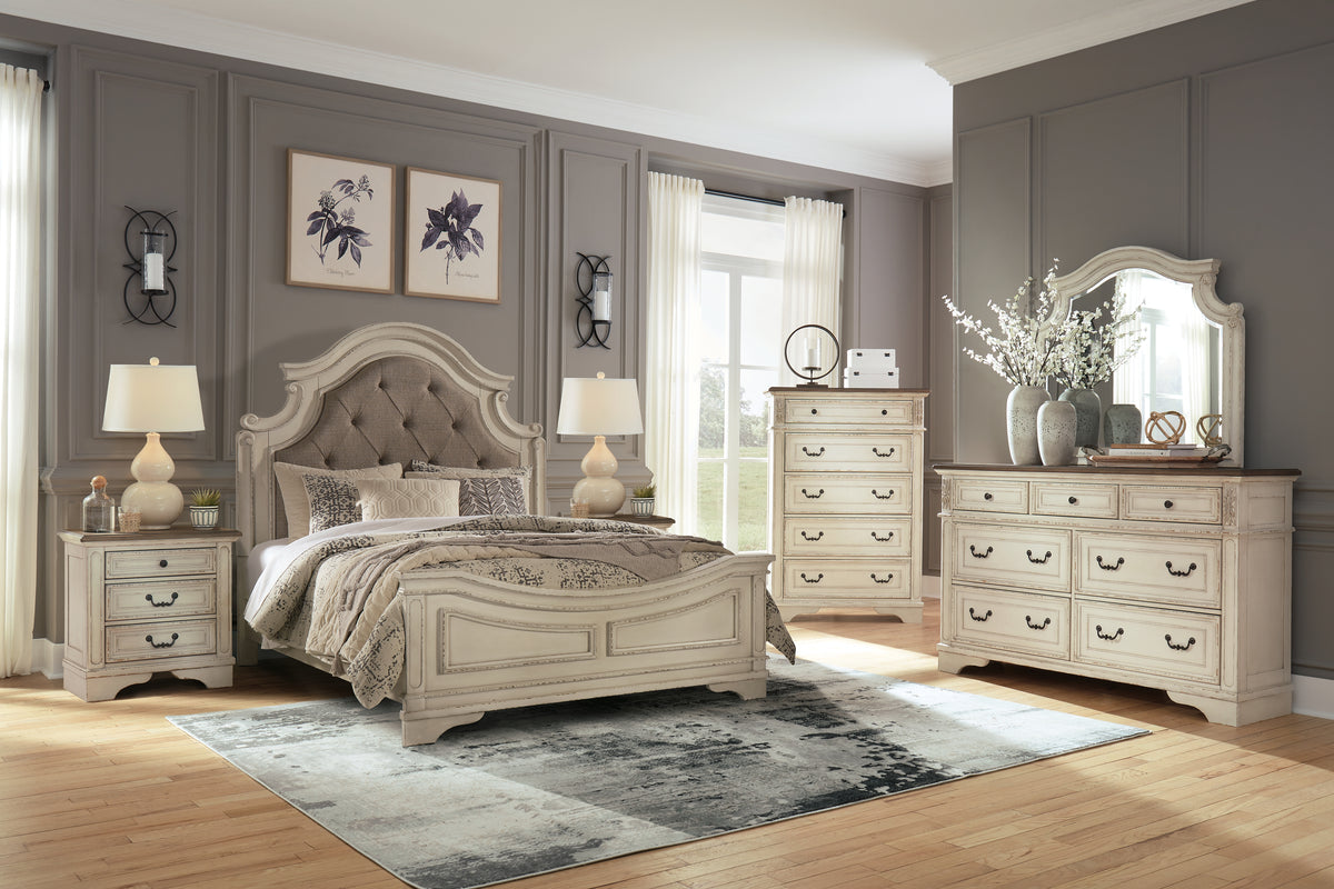 Best Deals Furniture - Ashley Furniture - Realyn Queen Upholstered Panel Bed, Dresser, Mirror, Chest and 2 Nightstands - Queen Upholstered Panel Bed, Dresser, Mirror, Chest and 2 Nightstands - B743B61