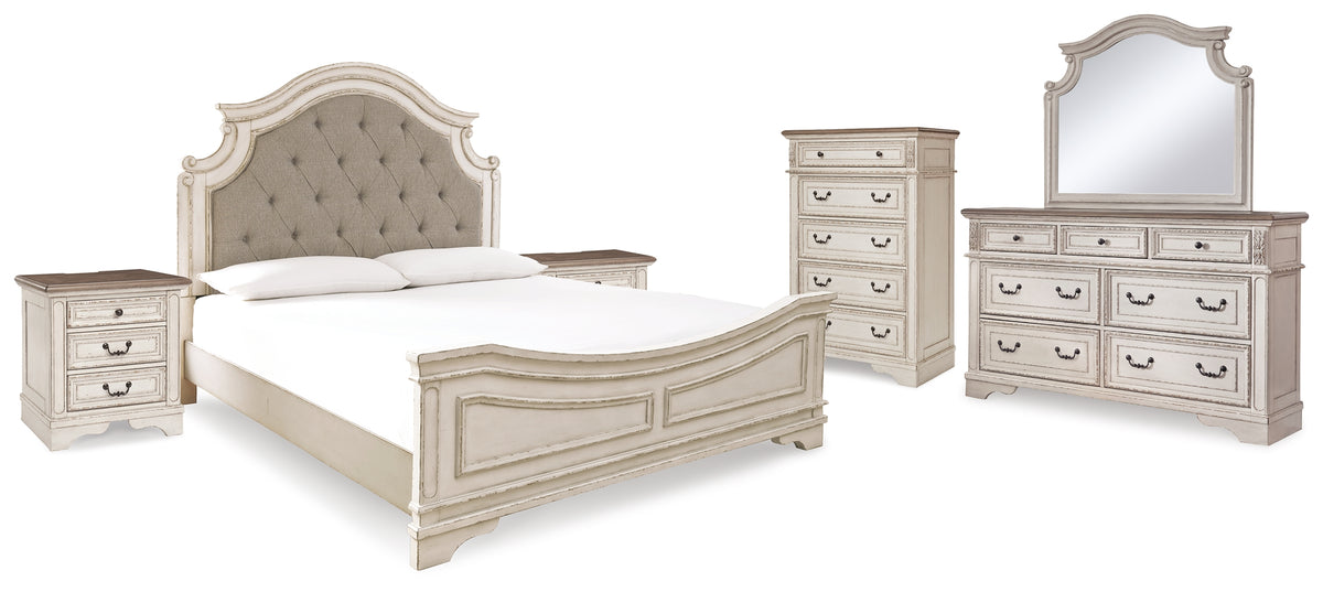 Best Deals Furniture - Ashley Furniture - Realyn King Panel Bed, Dresser, Mirror, Chest and 2 Nightstands - King Panel Bed, Dresser, Mirror, Chest and 2 Nightstands / Two-tone - B743B48
