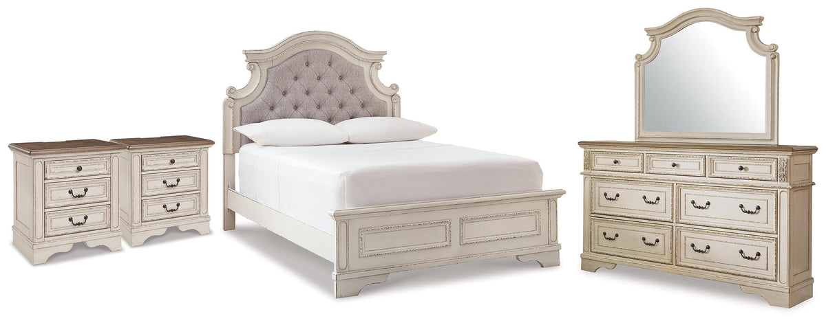 Best Deals Furniture - Ashley Furniture - Realyn Full Upholstered Panel Bed, Dresser, Mirror and 2 Nightstands - Full Upholstered Panel Bed, Dresser, Mirror and 2 Nightstands - B743B105