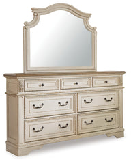 Realyn Queen Upholstered Sleigh Bed, Dresser and Mirror
