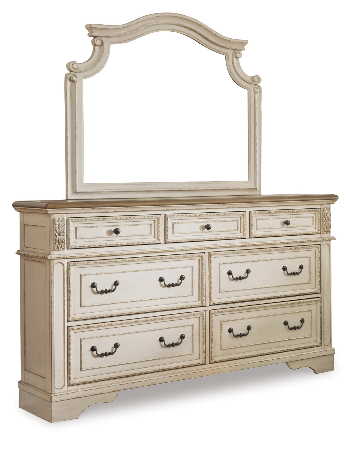 Best Deals Furniture - Ashley Furniture - Realyn California King Upholstered Bed, Dresser, Mirror and Chest - California King Upholstered Bed, Dresser, Mirror and Chest / Chipped White - B743B25