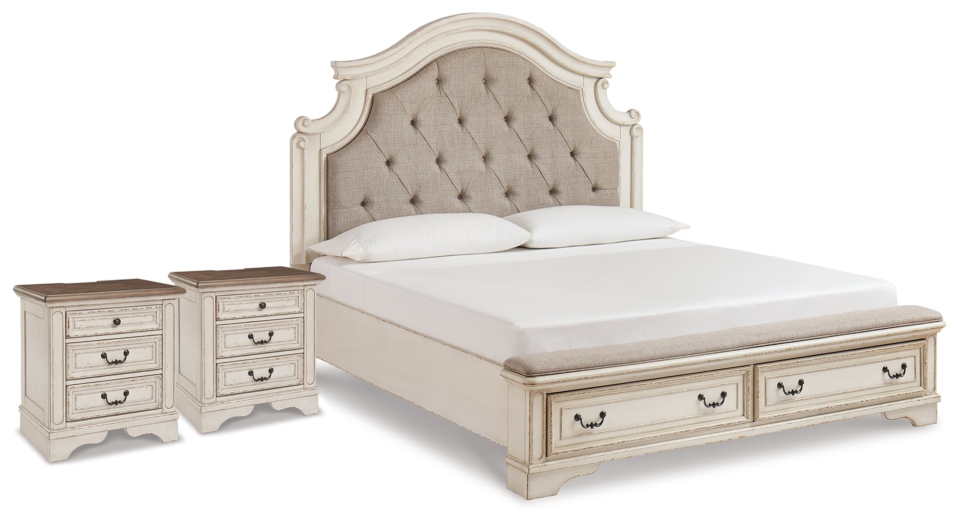 Best Deals Furniture - Ashley Furniture - Realyn King Upholstered Panel Storage Bed and 2 Nightstands - King Upholstered Panel Storage Bed and 2 Nightstands - B743B87