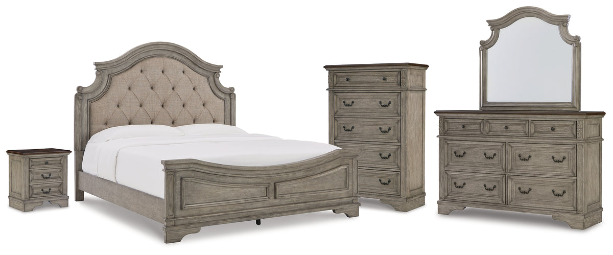 Best Deals Furniture - Ashley Furniture - Lodenbay King Upholstered Panel Bed, Dresser, Mirror, Chest and Nightstand - King Upholstered Panel Bed, Dresser, Mirror, Chest and Nightstand / Antique Gray/Brown - B751B11