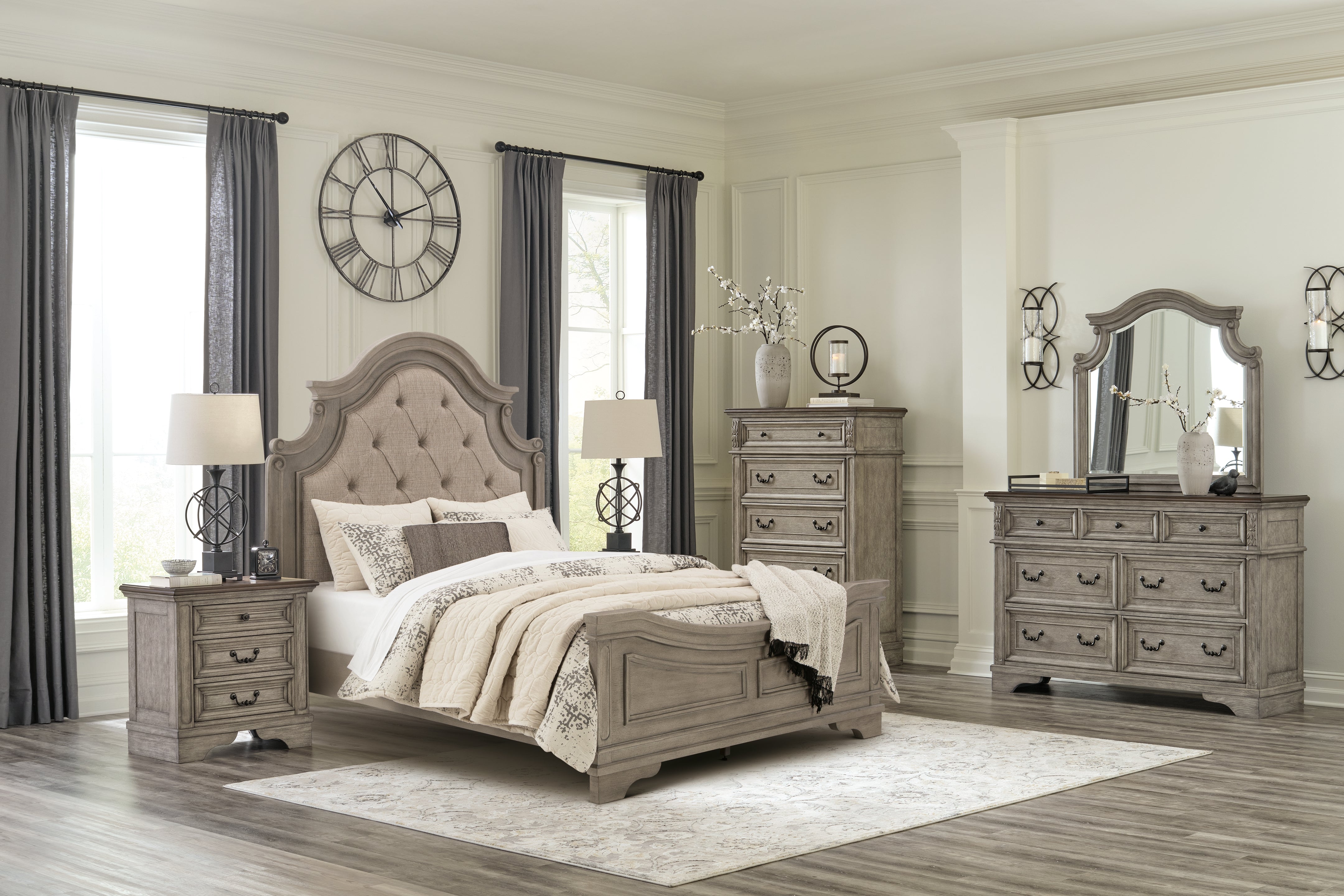 Best Deals Furniture - Ashley Furniture - Lodenbay Queen Upholstered Panel Bed, Dresser, Mirror, Chest and Nightstand - Queen Upholstered Panel Bed, Dresser, Mirror, Chest and Nightstand / Antique Gray - B751B9