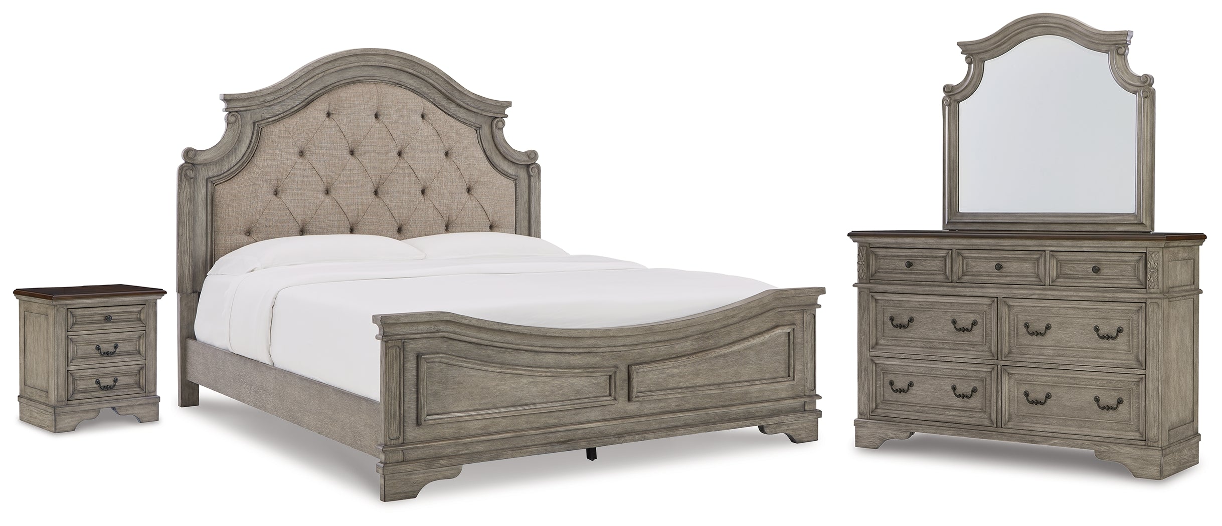 Best Deals Furniture - Ashley Furniture - Lodenbay King Upholstered Panel Bed, Dresser, Mirror, and Nightstand - King Upholstered Panel Bed, Dresser, Mirror, and Nightstand / Antique Gray - B751B8