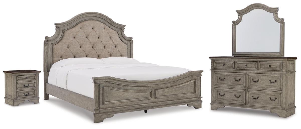 Best Deals Furniture - Ashley Furniture - Lodenbay King Upholstered Panel Bed, Dresser, Mirror, and Nightstand - King Upholstered Panel Bed, Dresser, Mirror, and Nightstand / Antique Gray - B751B8
