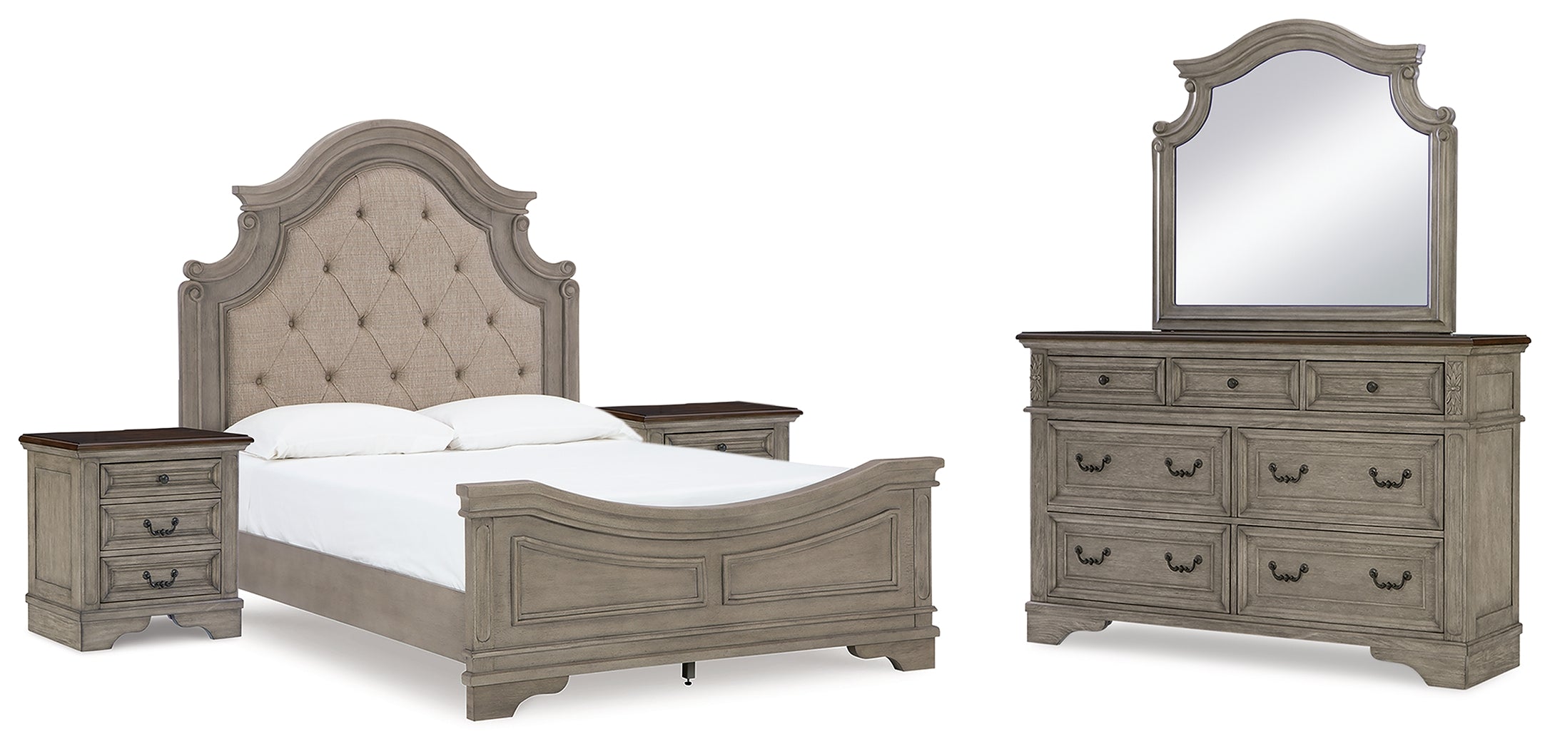 Best Deals Furniture - Ashley Furniture - Lodenbay Queen Upholstered Panel Bed, Dresser, Mirror and 2 Nightstands - Queen Upholstered Panel Bed, Dresser, Mirror and 2 Nightstands / Antique Gray/Brown - B751B10
