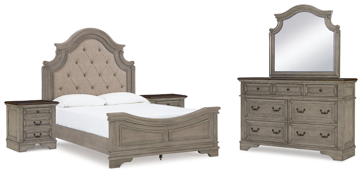 Best Deals Furniture - Ashley Furniture - Lodenbay Queen Upholstered Panel Bed, Dresser, Mirror and 2 Nightstands - Queen Upholstered Panel Bed, Dresser, Mirror and 2 Nightstands / Antique Gray/Brown - B751B10
