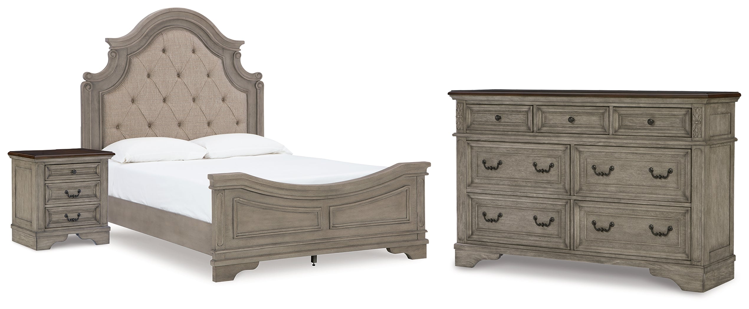Best Deals Furniture - Ashley Furniture - Lodenbay Queen Upholstered Panel Bed, Dresser and Nightstand - Queen Upholstered Panel Bed, Dresser and Nightstand / Antique Gray/Brown - B751B13
