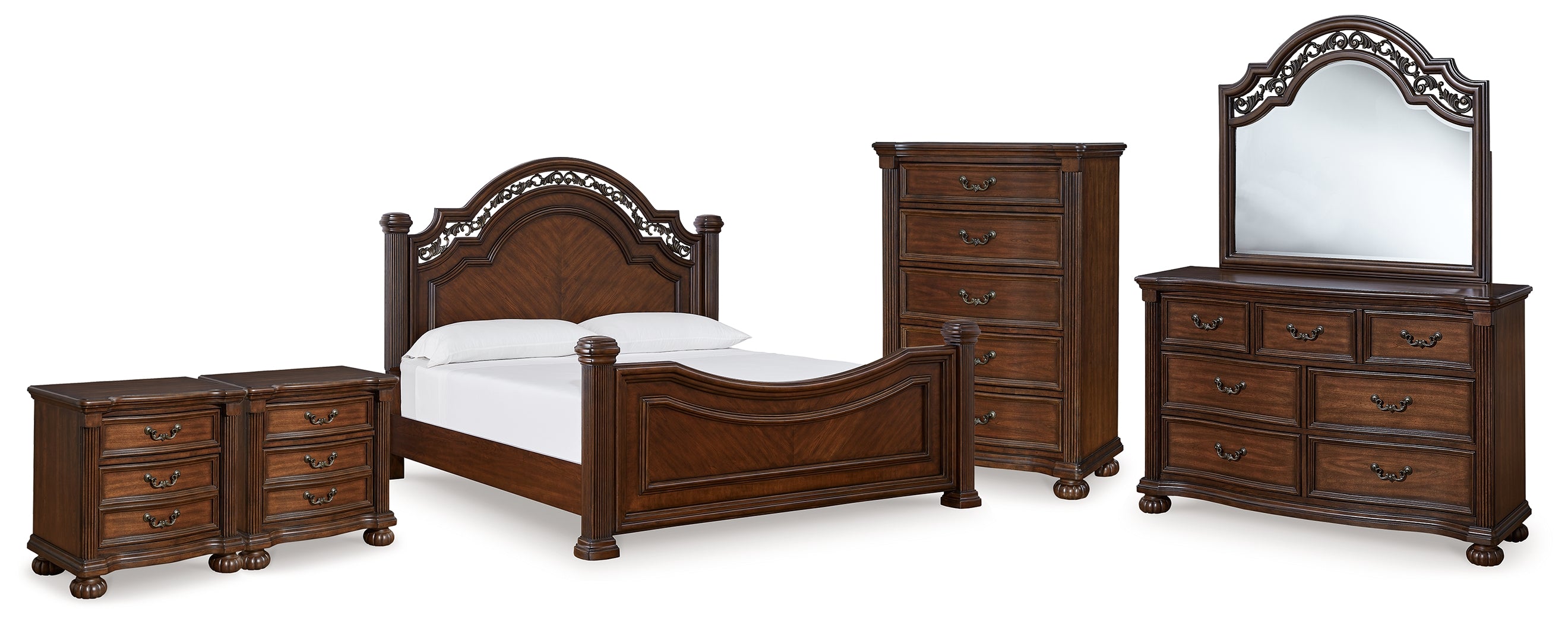 Best Deals Furniture - Ashley Furniture - Lavinton Queen Poster Bed - Queen Poster Bed, Dresser, Mirror, Chest and 2 Nightstands / Brown - B764B18