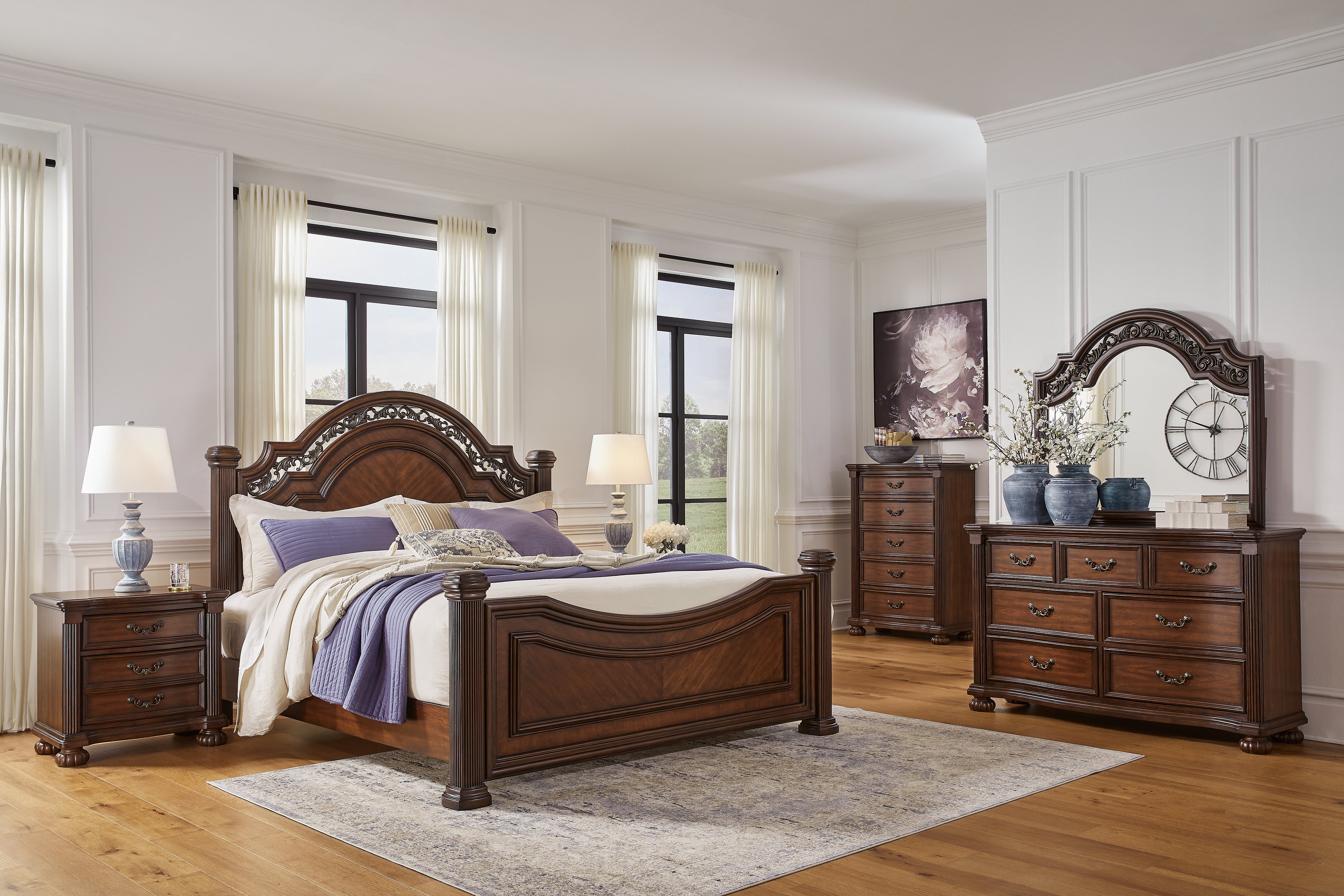 Best Deals Furniture - Ashley Furniture - Lavinton King Poster Bed - King Poster Bed, Dresser, Mirror, Chest and 2 Nightstands / Brown - B764B11