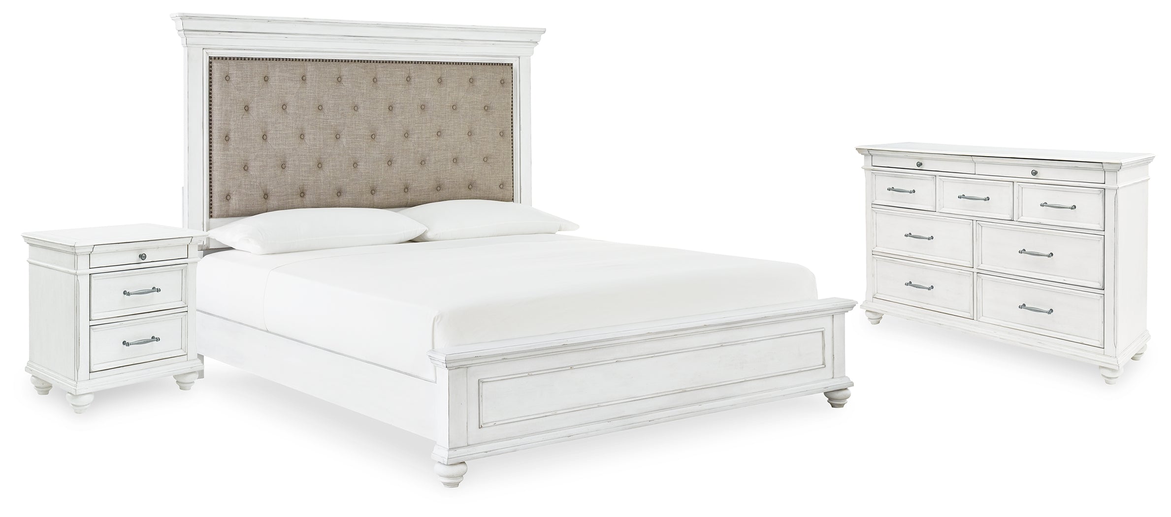 Best Deals Furniture - Ashley Furniture - Kanwyn Queen Upholstered Panel Bed, Dresser, and Nightstand - Queen Upholstered Panel Bed, Dresser, and Nightstand - B777B17