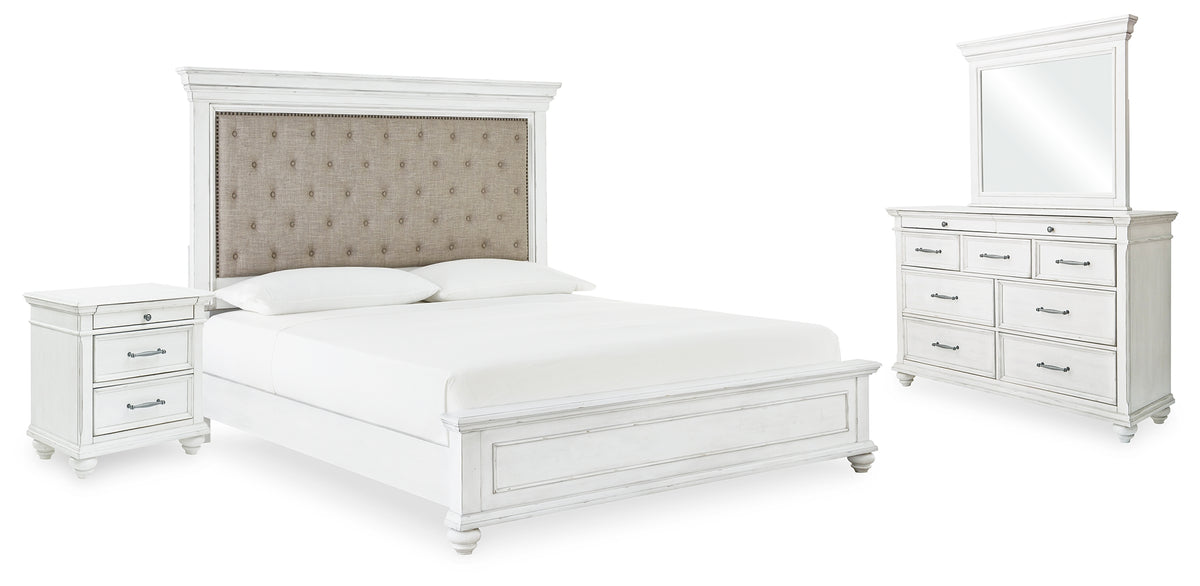 Best Deals Furniture - Ashley Furniture - Kanwyn Queen Upholstered Panel Bed, Dresser, Mirror, and Nightstand - Queen Upholstered Panel Bed, Dresser, Mirror, and Nightstand - B777B16