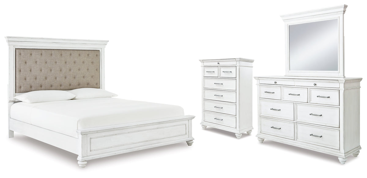 Best Deals Furniture - Ashley Furniture - Kanwyn Cal King Upholstered Panel Bed, Dresser, Mirror and Chest - Cal King Upholstered Panel Bed, Dresser, Mirror and Chest - B777B23