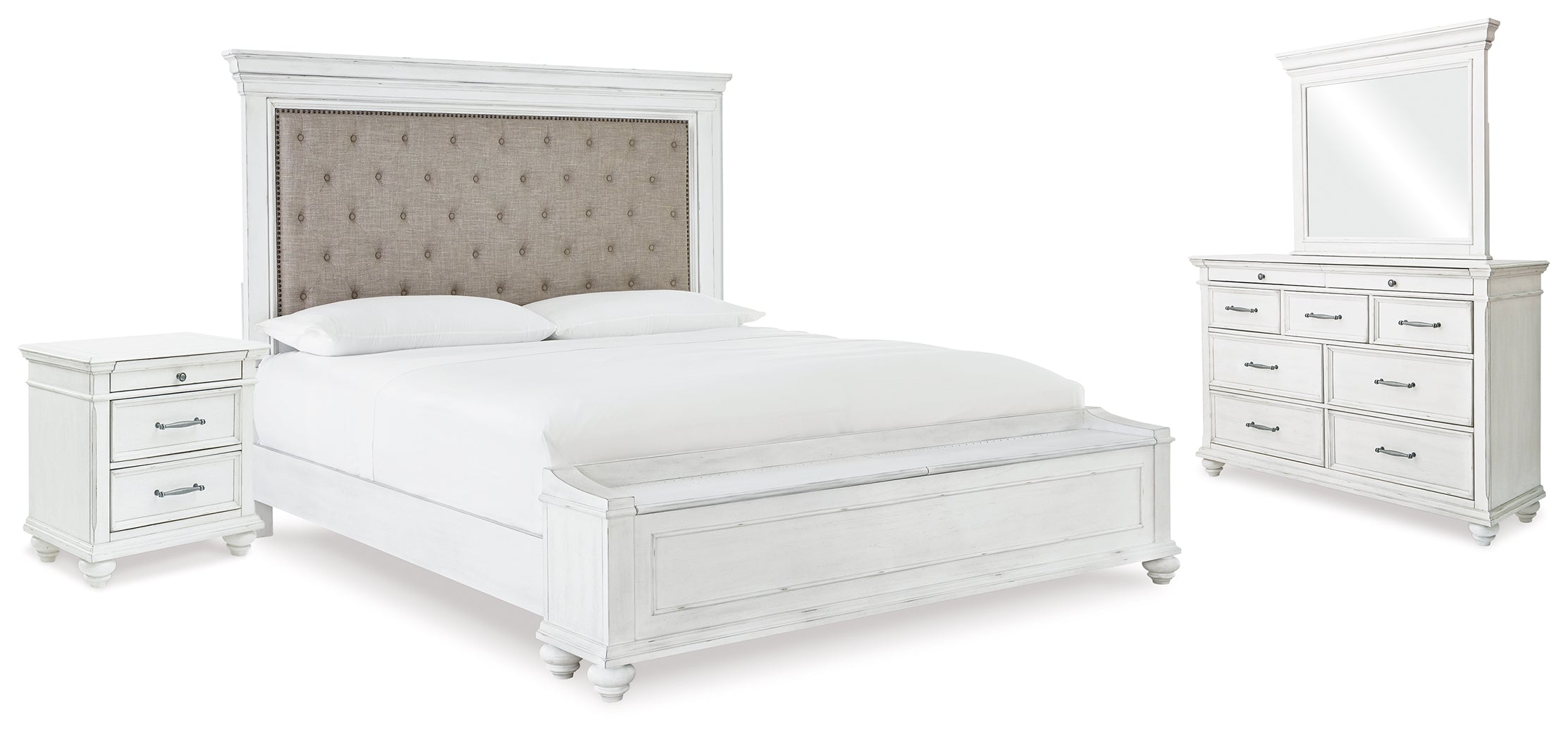 Best Deals Furniture - Ashley Furniture - Kanwyn King Upholstered Storage Bed, Dresser, Mirror and Nightstand - King Upholstered Storage Bed, Dresser, Mirror and Nightstand - B777B25